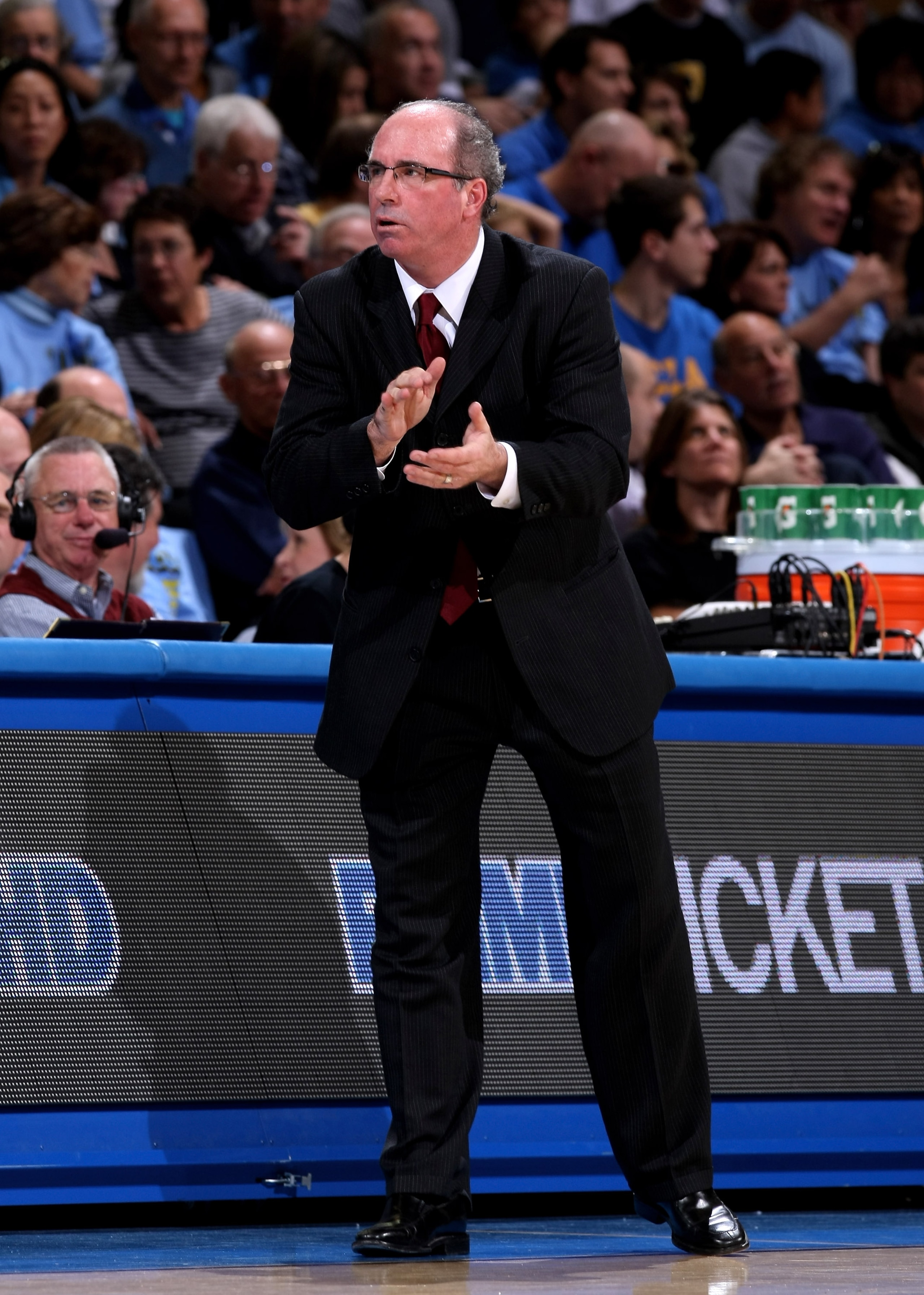 WESTWOOD, CA - JANUARY 16:  Head coach Kevin O'Neill of the USC Trojans reacts in the game against the UCLA Bruins on January 16, 2010 at Pauley Pavillion in Westwood, California.   USC won 67-46.  (Photo by Stephen Dunn/Getty Images)