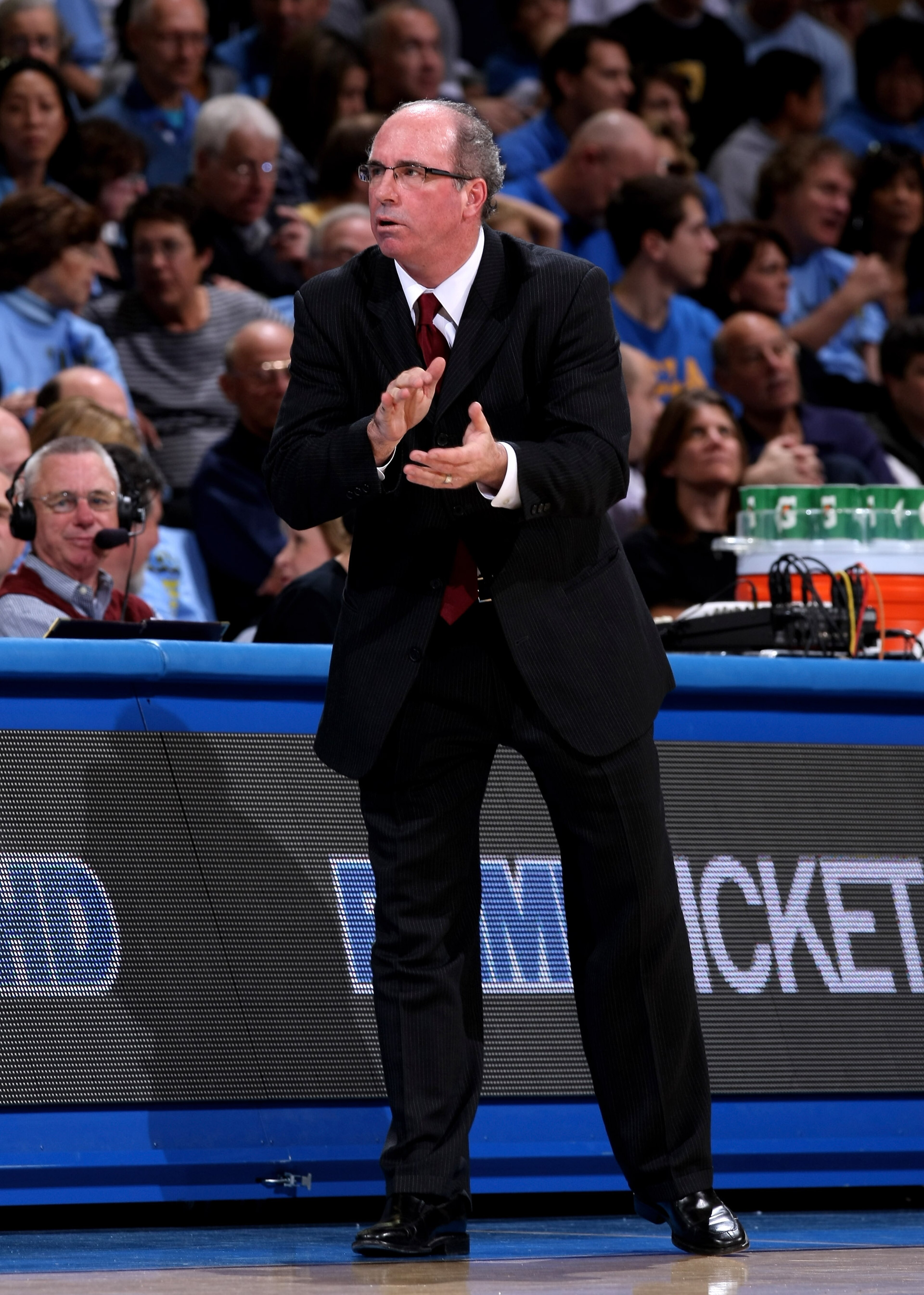 WESTWOOD, CA - JANUARY 16:  Head coach Kevin O'Neill of the USC Trojans reacts in the game against the UCLA Bruins on January 16, 2010 at Pauley Pavillion in Westwood, California.   USC won 67-46.  (Photo by Stephen Dunn/Getty Images)