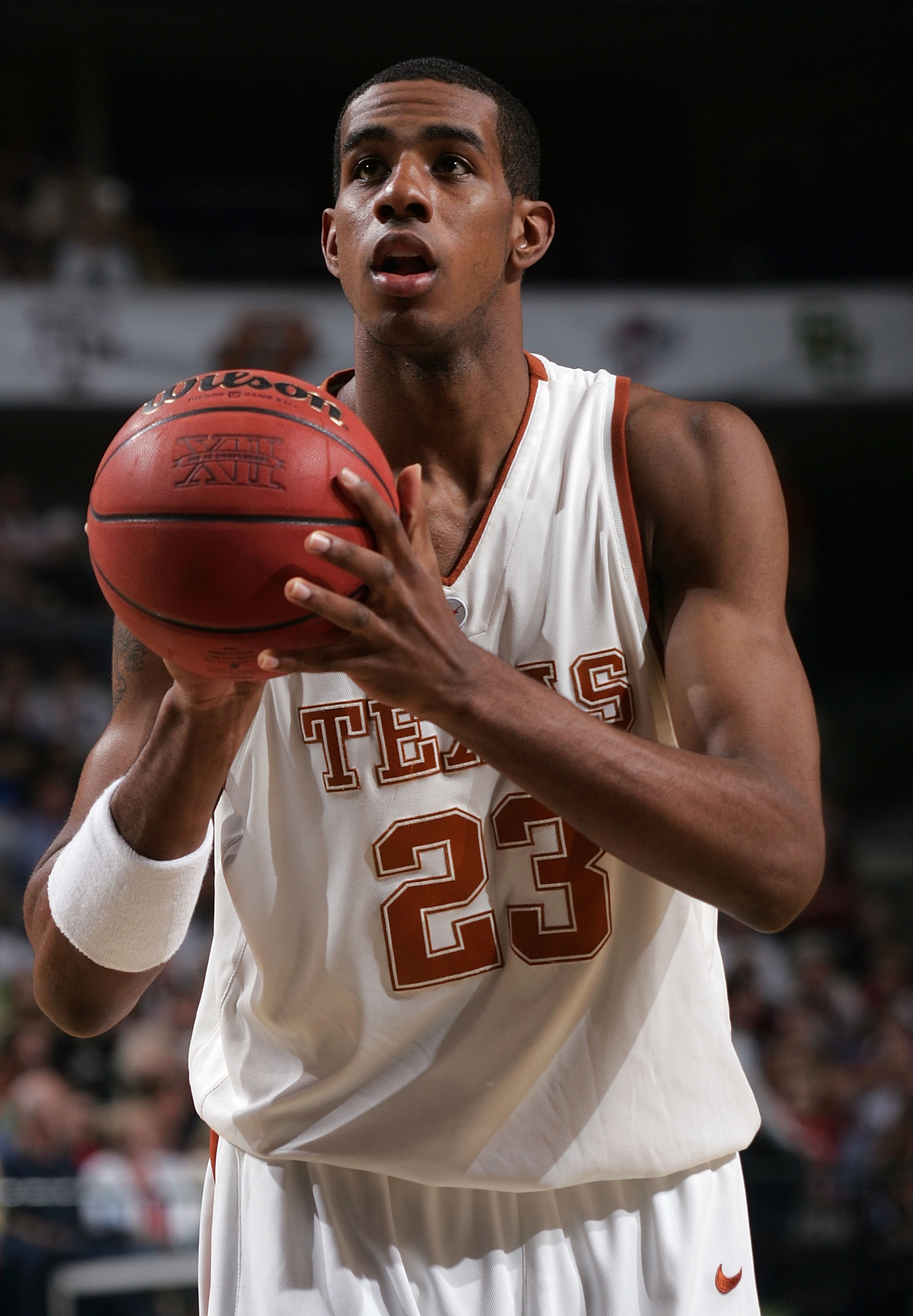 DALLAS - MARCH 11:  LaMarcus Aldridge #23 of the Texas Longhorns sets up for a free throw against the Texas A&M Aggies in the semifinals round of the Phillips 66 Big 12 Men's Basketball Championship Tournament at American Airlines Arena on March 11, 2006