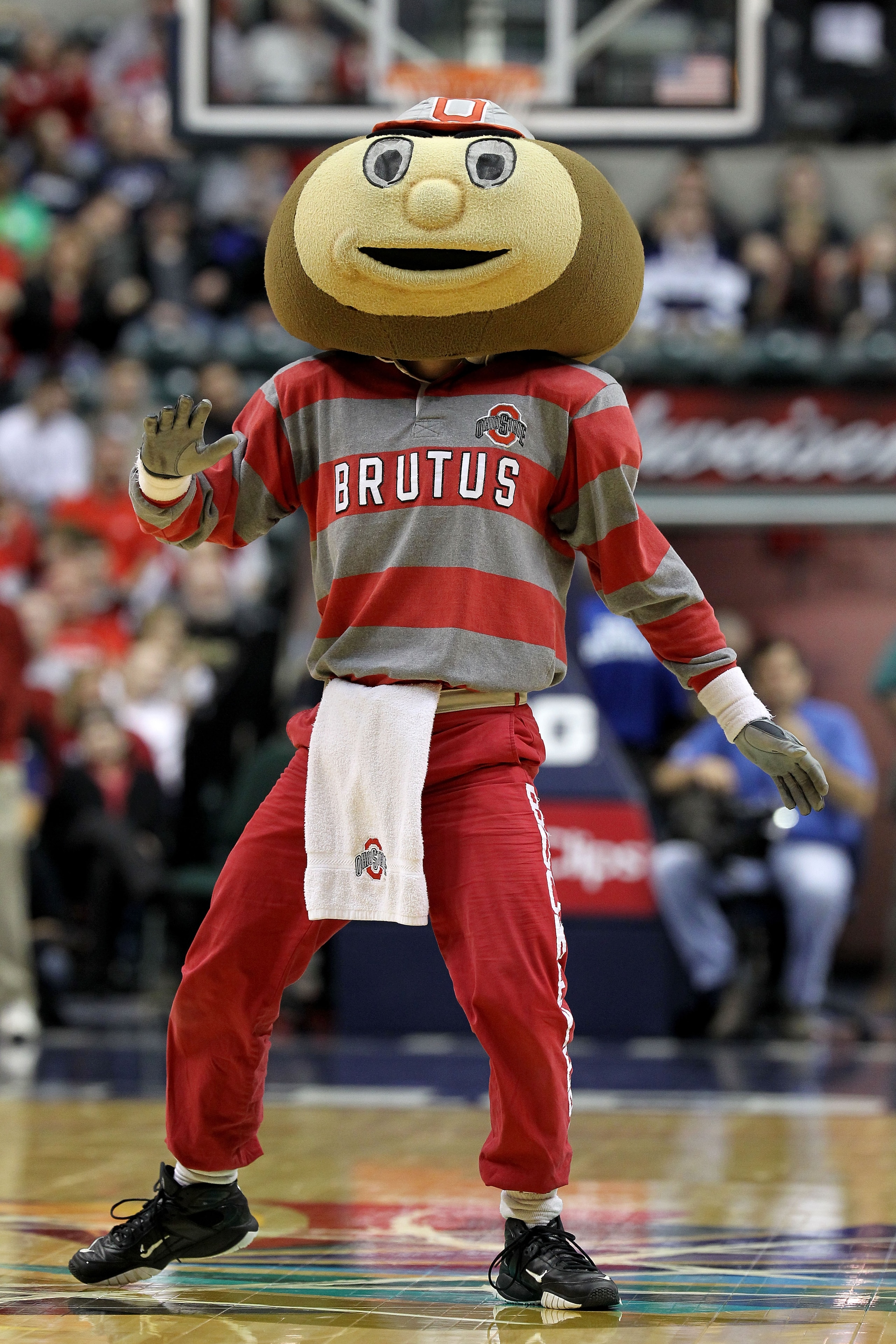INDIANAPOLIS, IN - MARCH 13: Brutus, the mascot of the Ohio State Buckeyes performs against the Penn State Nittany Lions during the championship game of the 2011 Big Ten Men's Basketball Tournament at Conseco Fieldhouse on March 13, 2011 in Indianapolis, INDIANAPOLIS, IN - MARCH 13: Brutus, the mascot of the Ohio State Buckeyes performs against the Penn State Nittany Lions during the championship game of the 2011 Big Ten Men's Basketball Tournament at Conseco Fieldhouse on March 13, 2011 in Indianapolis,