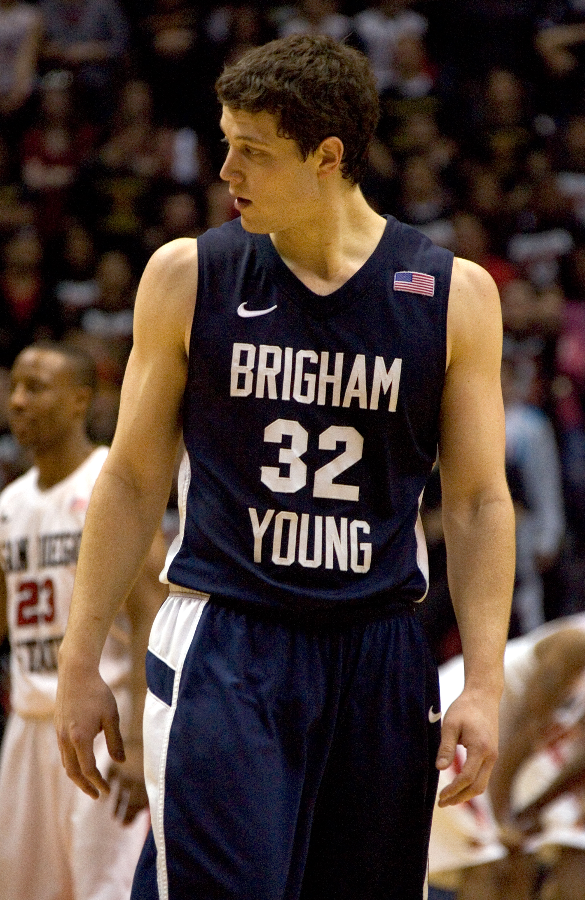 SAN DIEGO, CA - FEBRUARY 26: Jimmer Fredette #32 of the Brigham Young Cougars looks to his bench during the second half against the San Diego State Aztecs at Cox Arena on February 26, 2011 in San Diego, California. BYU beat SDSU 80-67. (Photo by Kent Hor