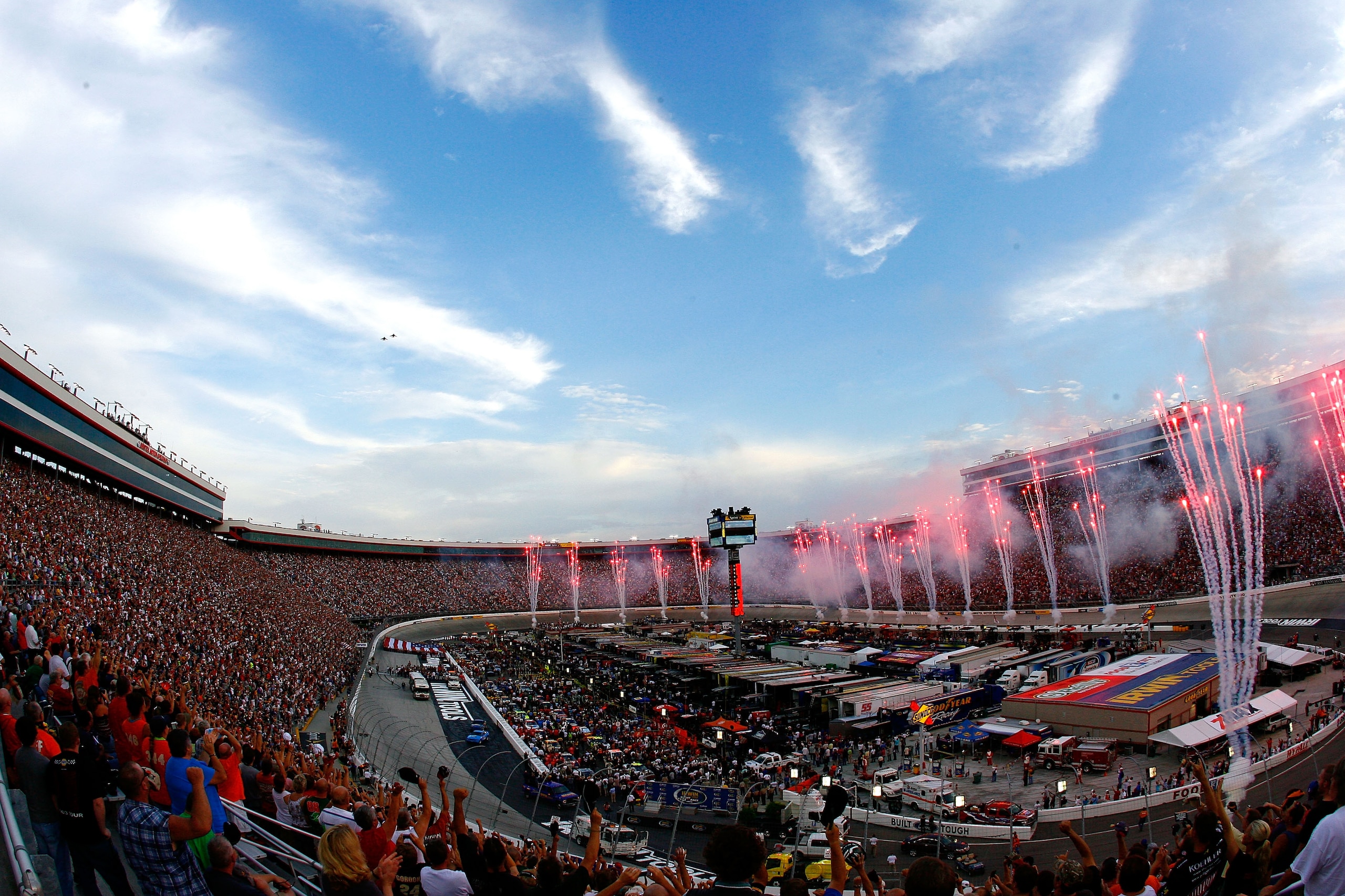 BRISTOL, TN - AUGUST 21: Fireworks explode during pre-race ceremonies prior to the NASCAR Sprint Cup Series IRWIN Tools Night Race at Bristol Motor Speedway on August 21, 2010 in Bristol, Tennessee. (Photo by Geoff Burke/Getty Images for NASCAR) BRISTOL, TN - AUGUST 21: Fireworks explode during pre-race ceremonies prior to the NASCAR Sprint Cup Series IRWIN Tools Night Race at Bristol Motor Speedway on August 21, 2010 in Bristol, Tennessee. (Photo by Geoff Burke/Getty Images for NASCAR)