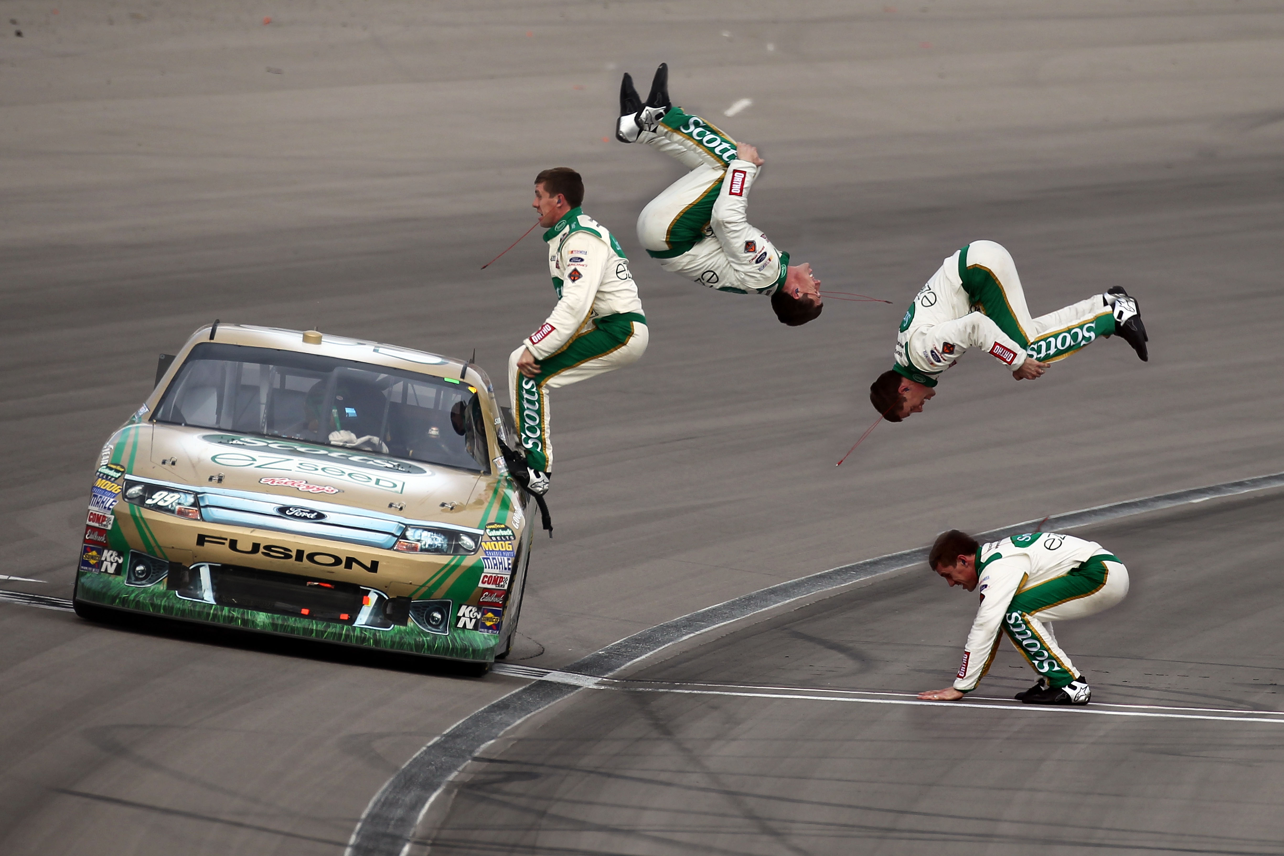 LAS VEGAS, NV - MARCH 06:  (***EDITOR'S NOTE*** COMPOSITE PHOTO ILLUSTRATION CREATED USING MULTIPLE IMAGES) Carl Edwards, driver of the #99 Scotts/Kellogg's Ford, celebrates with a flip from his car after winning the NASCAR Sprint Cup Series Kobalt Tools