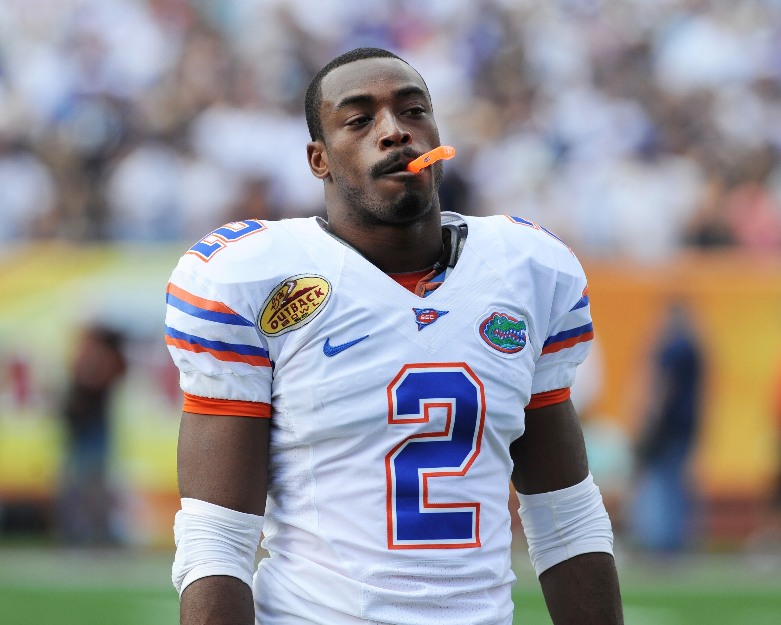 TAMPA, FL - JANUARY 1:  Running back Jeff Demps #2 of the Florida Gators warms up for play against the Penn State Nittany Lions January 1, 2010 in the 25th Outback Bowl at Raymond James Stadium in Tampa, Florida.  (Photo by Al Messerschmidt/Getty Images)