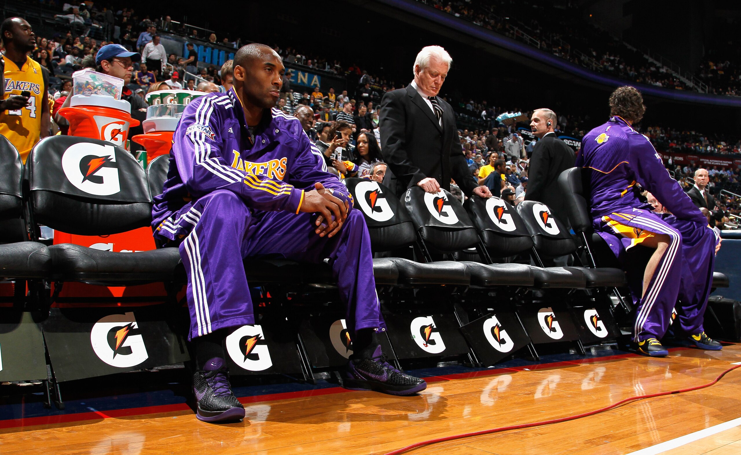 ATLANTA, GA - MARCH 08:  Kobe Bryant #24 of the Los Angeles Lakers waits for game introductions to face the Atlanta Hawks at Philips Arena on March 8, 2011 in Atlanta, Georgia.  NOTE TO USER: User expressly acknowledges and agrees that, by downloading and