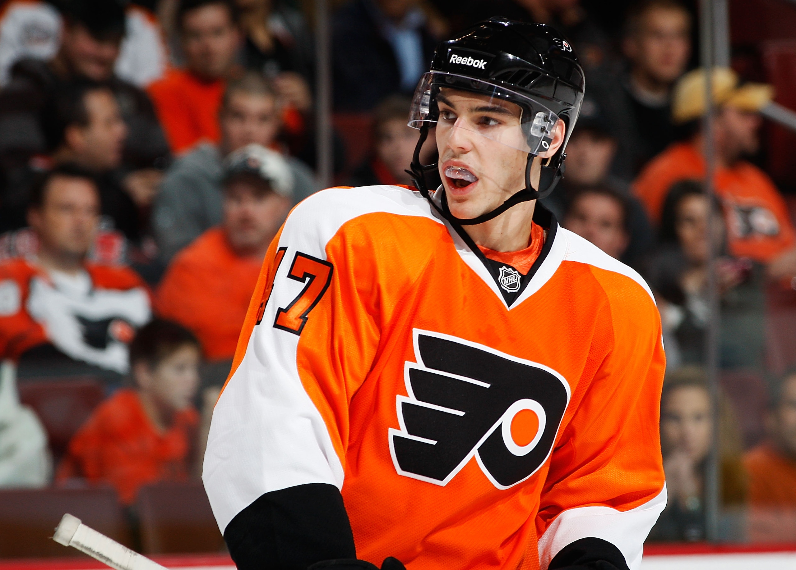 PHILADELPHIA - NOVEMBER 01:  Eric Wellwood #47 of the Philadelphia Flyers in his first NHL game looks on against the Carolina Hurricanes on November 1, 2010 at the Wells Fargo Center in Philadelphia, Pennsylvania. Flyers defeat the Hurricanes 3-2.  (Photo