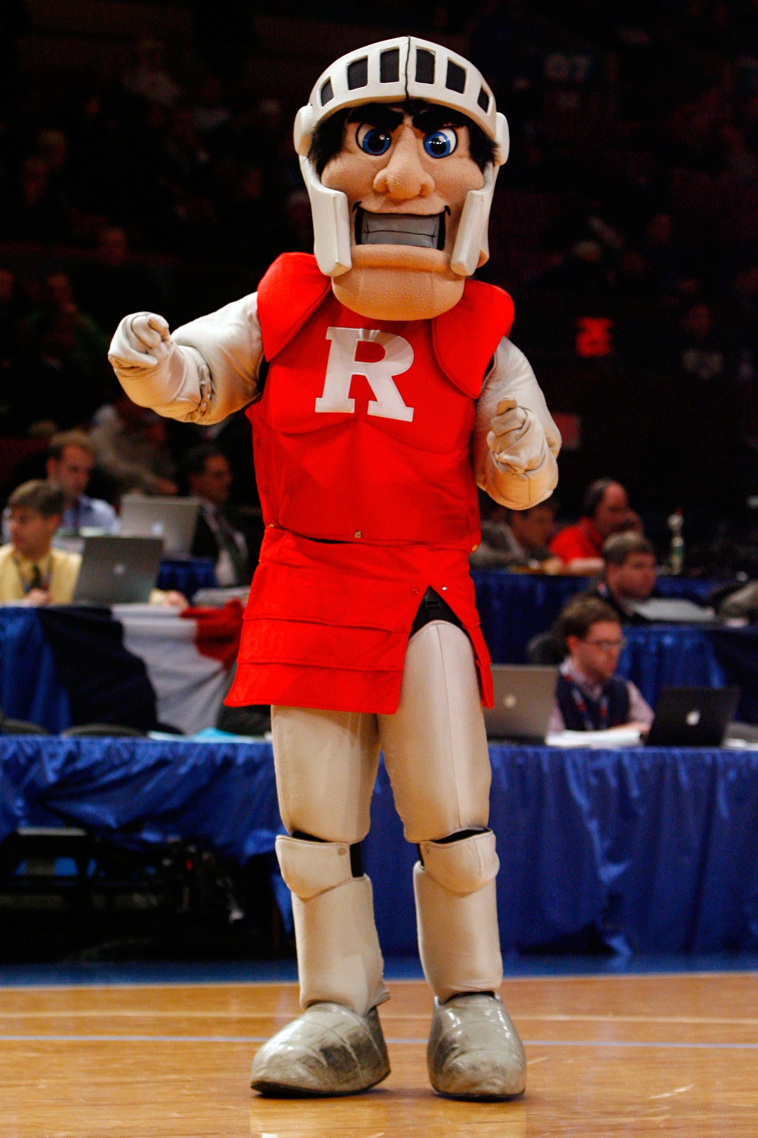 NEW YORK - MARCH 10:  The Rutgers Scarlet Knights mascot peforms during a break in play against the Notre Dame Fighting Irish during the first round of the Big East Tournament at Madison Square Garden on March 10, 2009 in New York City.  (Photo by Jim McI