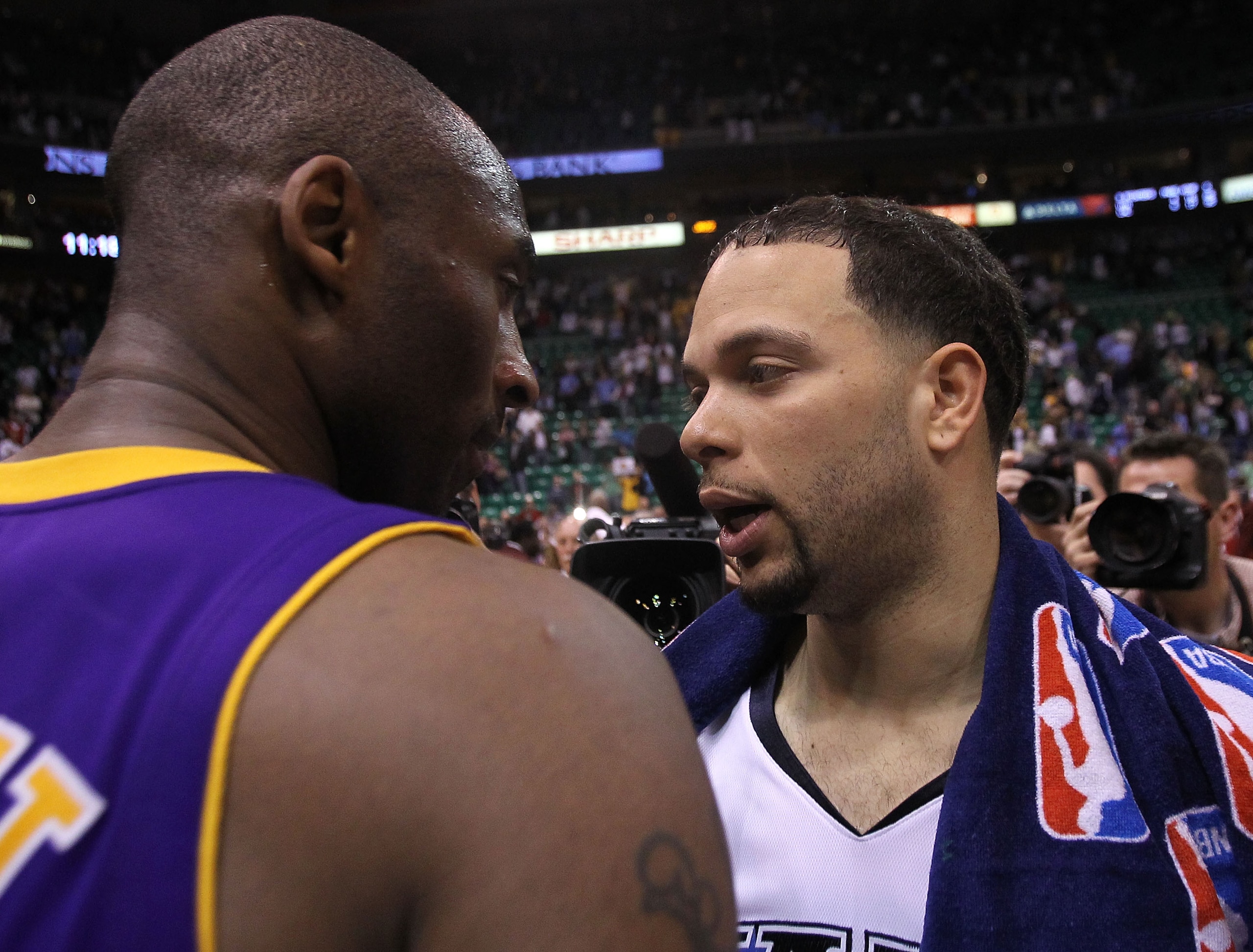 SALT LAKE CITY - MAY 10: Kobe Bryant #24 of the Los Angeles Lakers talks with Deron Williams #8 of the Utah Jazz after Game Four of the Western Conference Semifinals of the 2010 NBA Playoffs on May 10, 2010 at Energy Solutions Arena in Salt Lake City, Uta