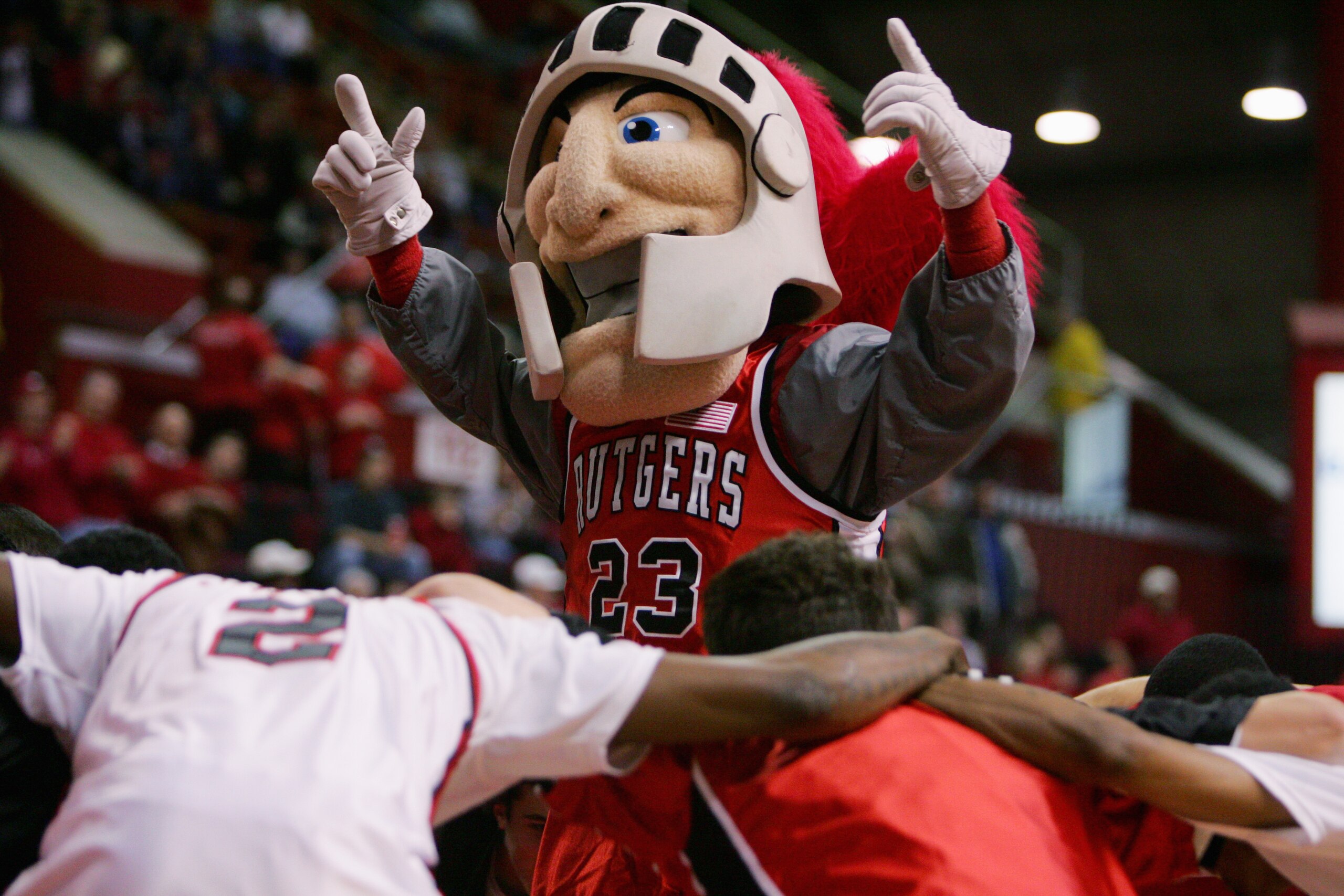 PISCATAWAY, NJ - JANUARY 24:  The Rutgers Scarlet Knights mascot performs during the game against the Syracuse Orange on January 24, 2005 at the RAC in Piscataway, New Jersey. Syracuse defeated Rutgers 86-84. (Photo by Ezra Shaw/Getty Images)