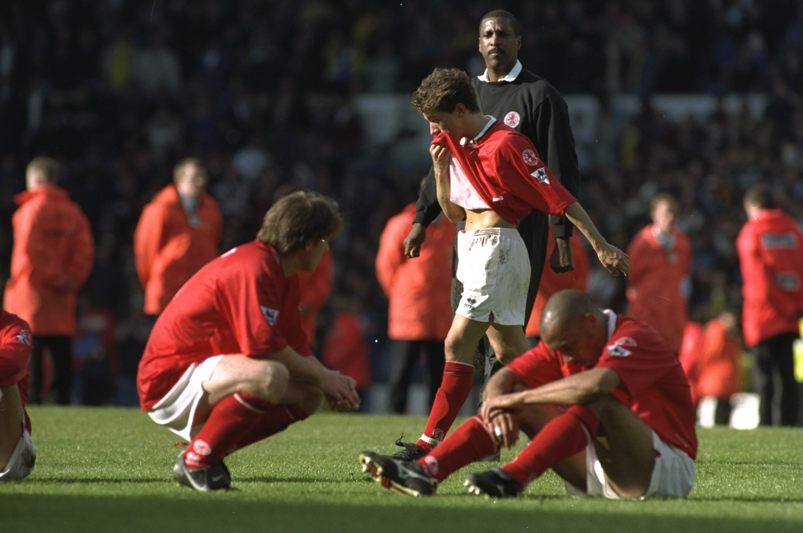 11 May 1997:  Craig Hignett (left), Juninho and Curtis Fleming (right) of Middlesbrough face relegation after the FA Carling Premier League  match against Leeds United at Elland Road in Leeds, England. The game was drawn 1-1. \ Mandatory Credit: Clive Bru