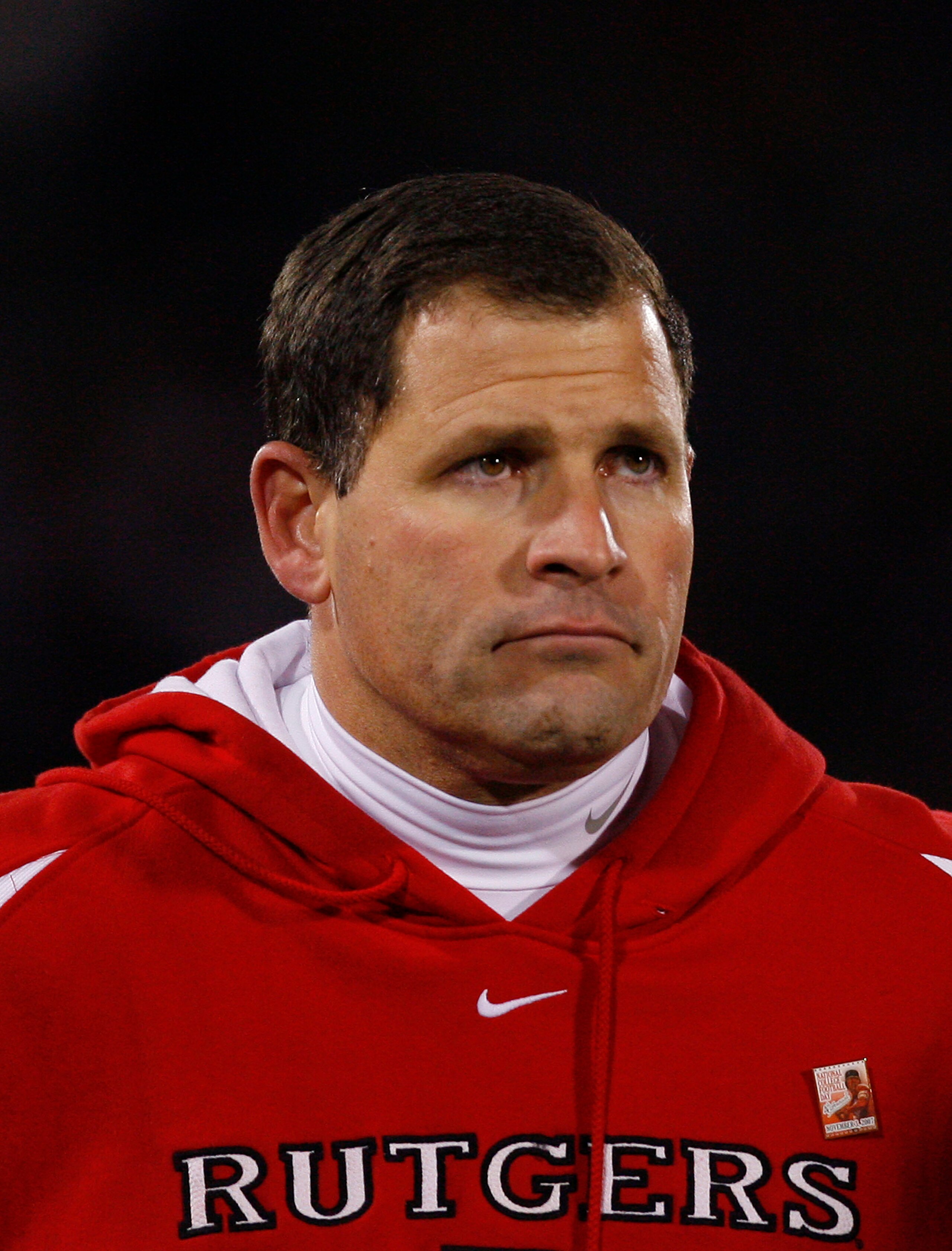 EAST HARTFORD, CT - NOVEMBER 3:  Coach Greg Schiano of the Rutgers Scarlet Kinghts watches the action during a game against the University of Connecticut Huskies at Rentschler Field November 3, 2007 in East Hartford, Connecticut.  (Photo by Jim Rogash/Get