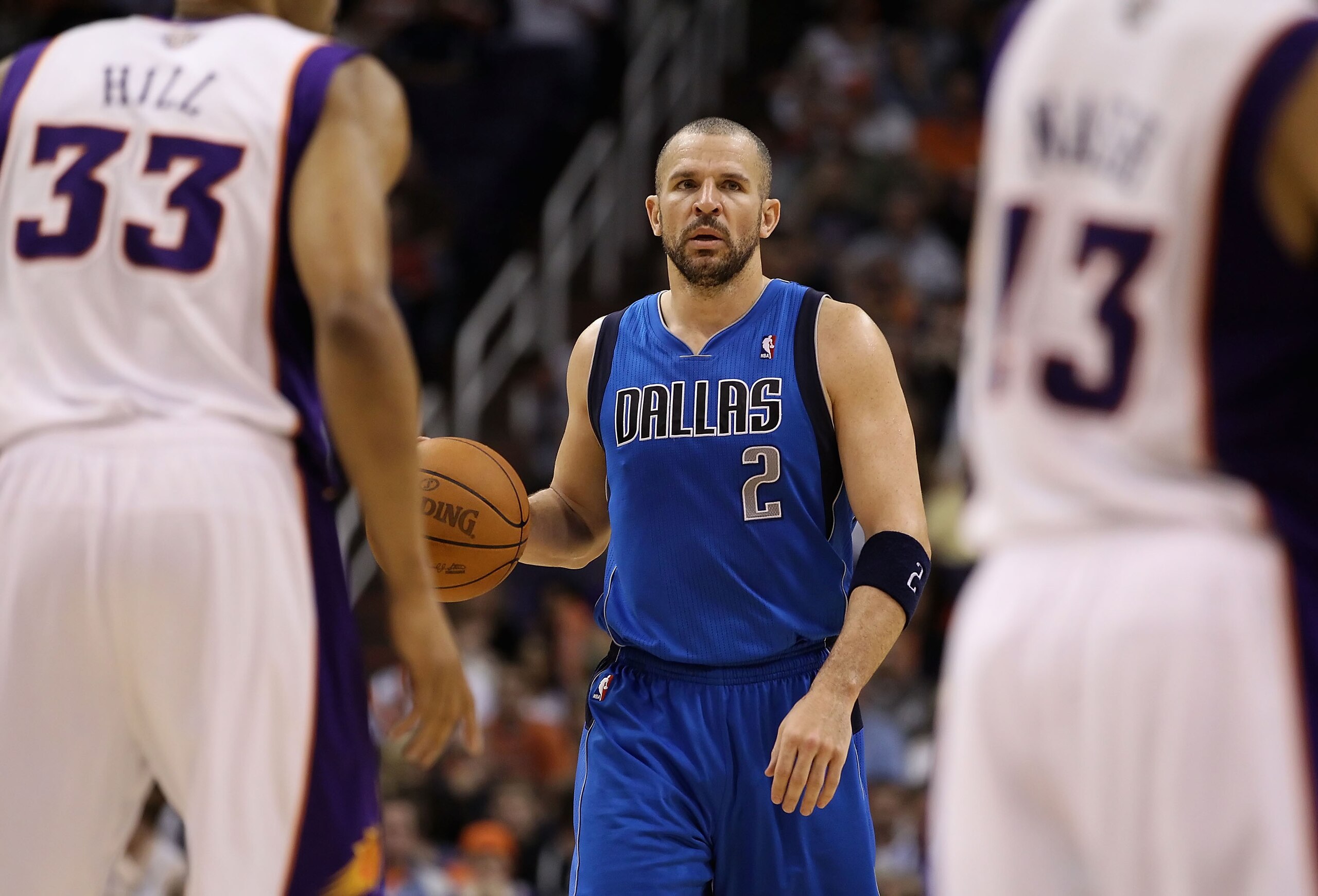 PHOENIX, AZ - FEBRUARY 17:  Jason Kidd #2 of the Dallas Mavericks handles the ball during the NBA game against the Phoenix Suns at US Airways Center on February 17, 2011 in Phoenix, Arizona.  The Mavericks defeated the Suns 112-106.  NOTE TO USER: User ex