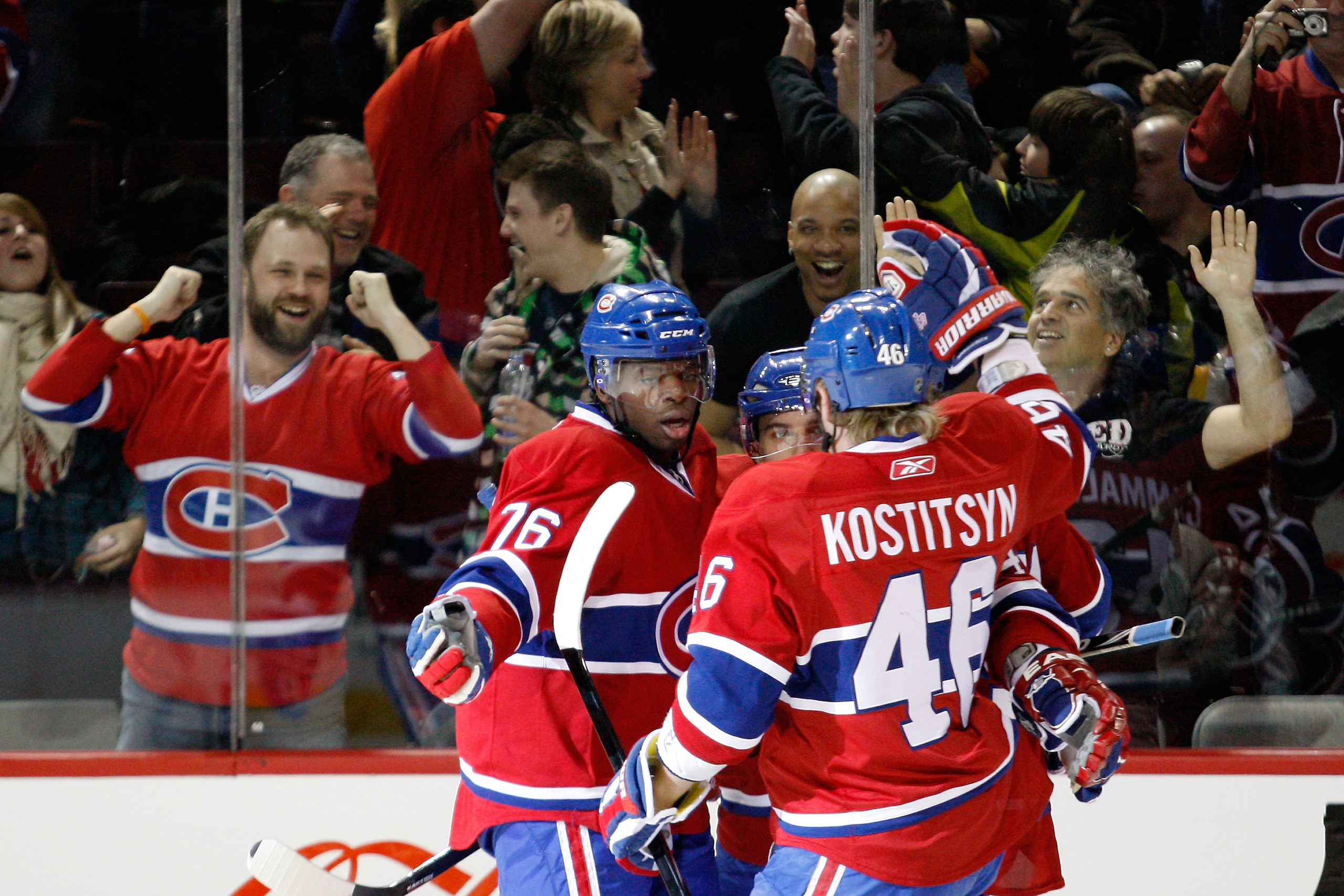 MONTREAL, CANADA - FEBRUARY 24:  Mike Cammalleri #13 of the Montreal Canadiens celebrates his second period goal with team mates during the NHL game against the Toronto Maple Leafs at the Bell Centre on February 24, 2011 in Montreal, Quebec, Canada.  (Pho