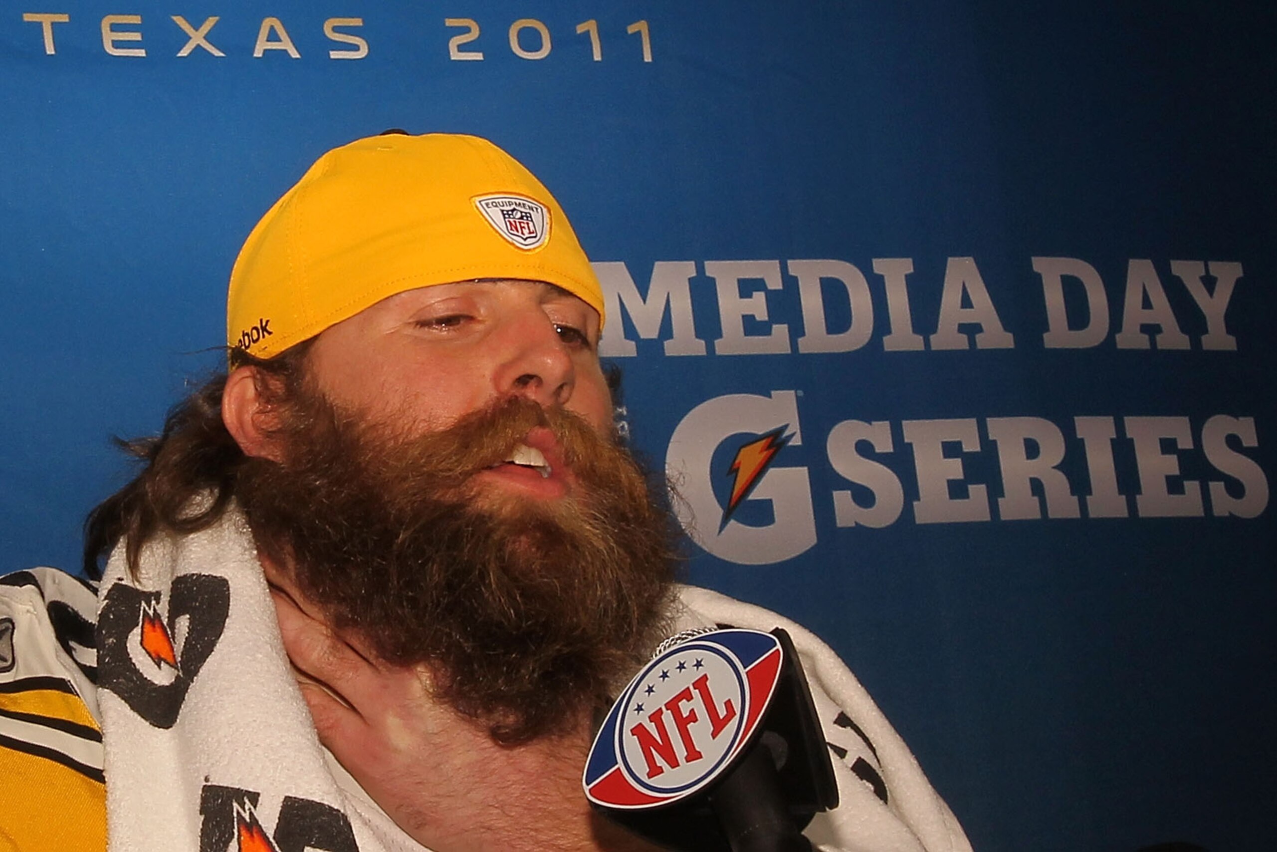 ARLINGTON, TX - FEBRUARY 01: Brett Keisel #99 of the Pittsburgh Steelers answers questions during Super Bowl XLV Media Day ahead of Super Bowl XLV at Cowboys Stadium on February 1, 2011 in Arlington, Texas. The Pittsburgh Steelers will play the Green Bay ARLINGTON, TX - FEBRUARY 01: Brett Keisel #99 of the Pittsburgh Steelers answers questions during Super Bowl XLV Media Day ahead of Super Bowl XLV at Cowboys Stadium on February 1, 2011 in Arlington, Texas. The Pittsburgh Steelers will play the Green Bay