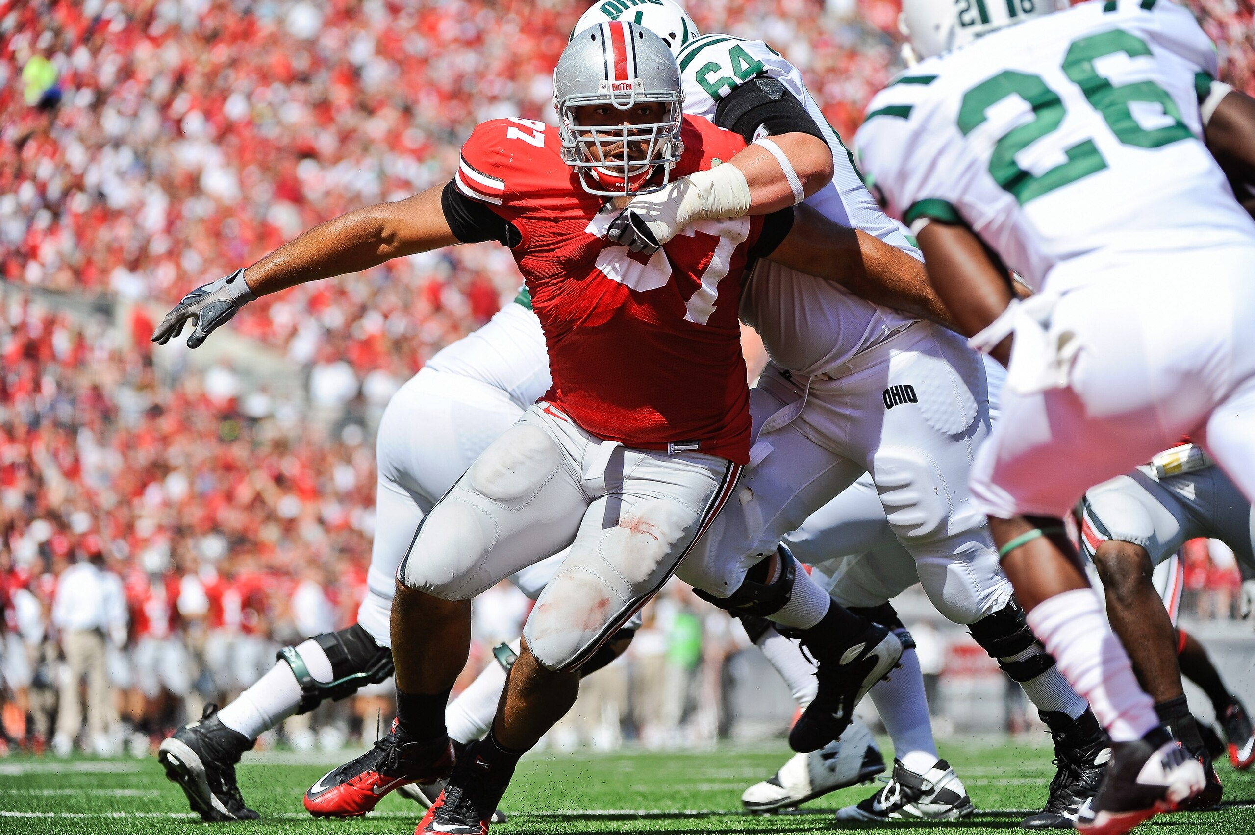 COLUMBUS, OH - SEPTEMBER 18:  Cameron Heyward #97 of the Ohio State Buckeyes chases after the ballcarrier against the Ohio Bobcats at Ohio Stadium on September 18, 2010 in Columbus, Ohio.  (Photo by Jamie Sabau/Getty Images)