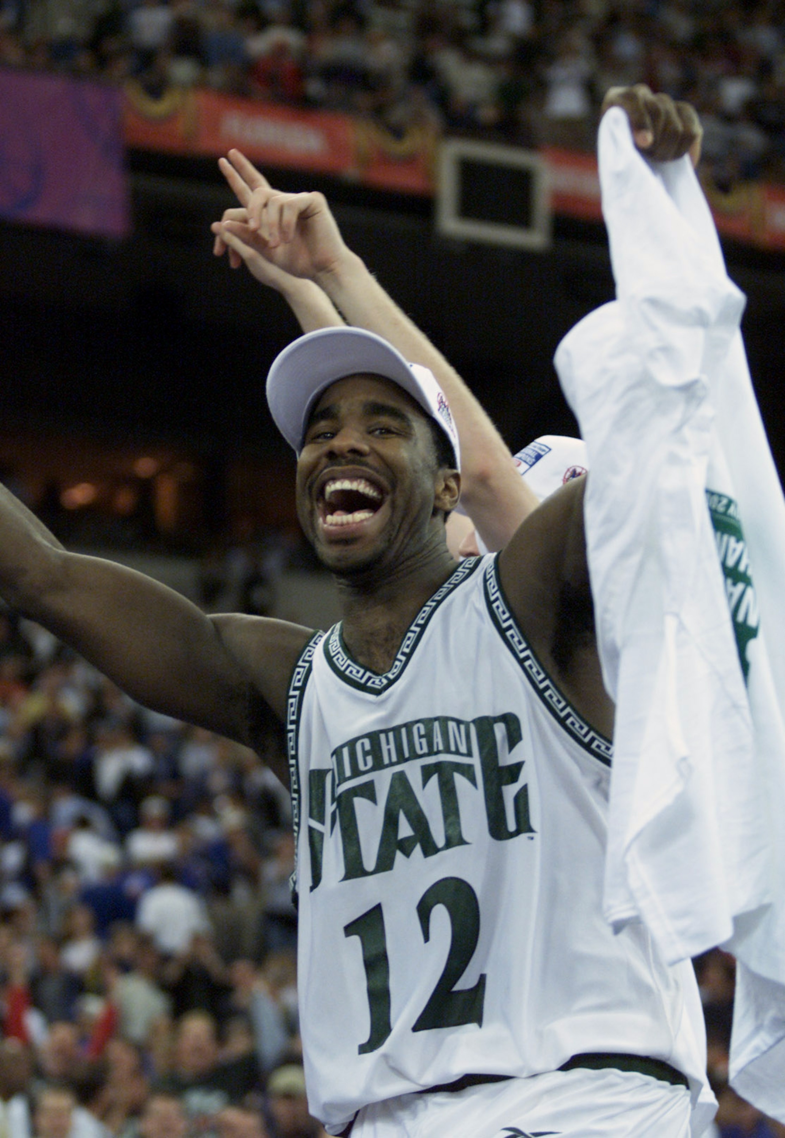 3 Apr 2000: Mateen Cleaves #12 of Michigan State celebrates after defeating Florida 89-76 to win the final round of the NCAA Men''s Final Four at the RCA Dome in Indianapolis, Indiana. DIGITAL IMAGE
