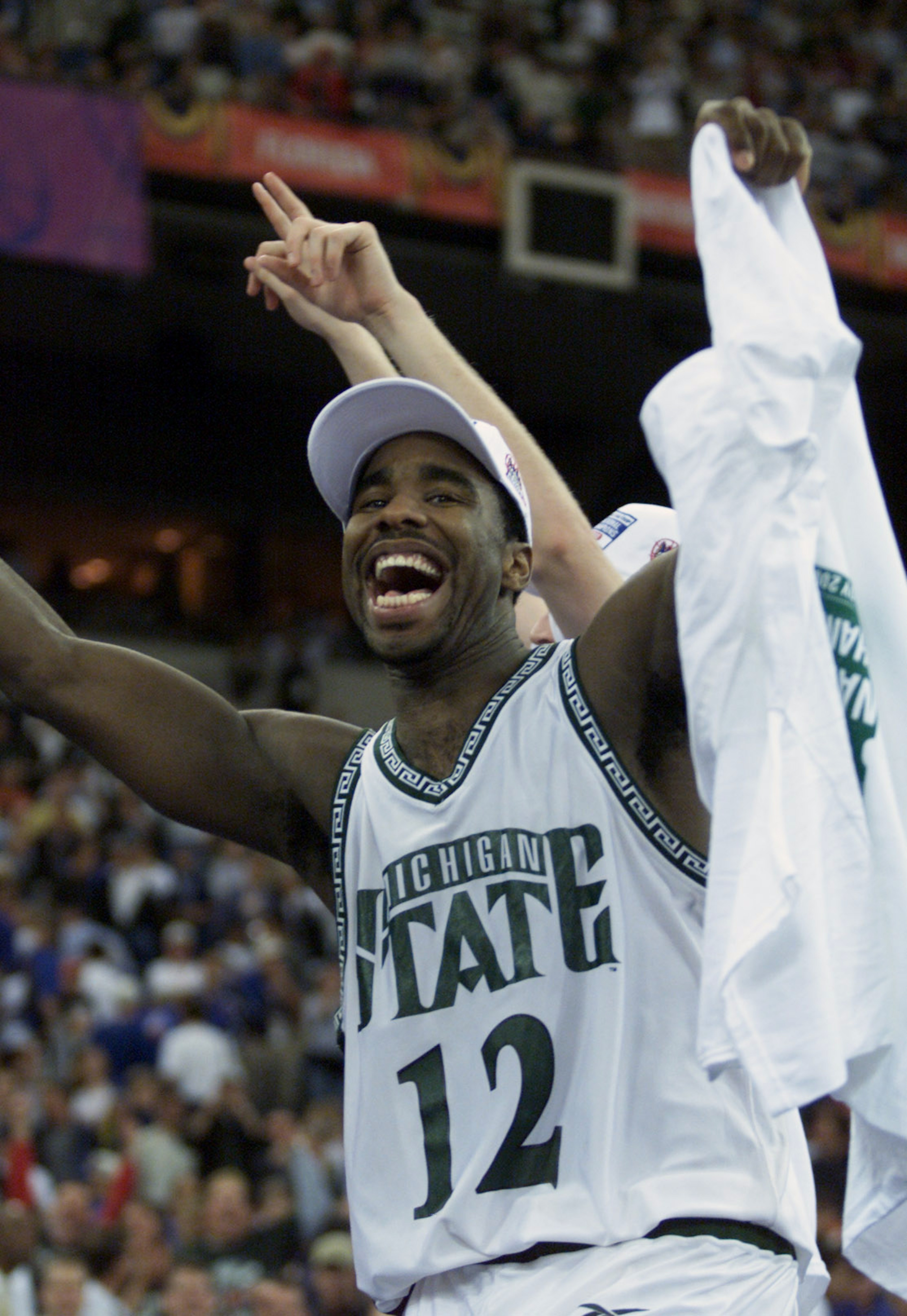 3 Apr 2000: Mateen Cleaves #12 of Michigan State celebrates after defeating Florida 89-76 to win the final round of the NCAA Men''s Final Four at the RCA Dome in Indianapolis, Indiana. DIGITAL IMAGE