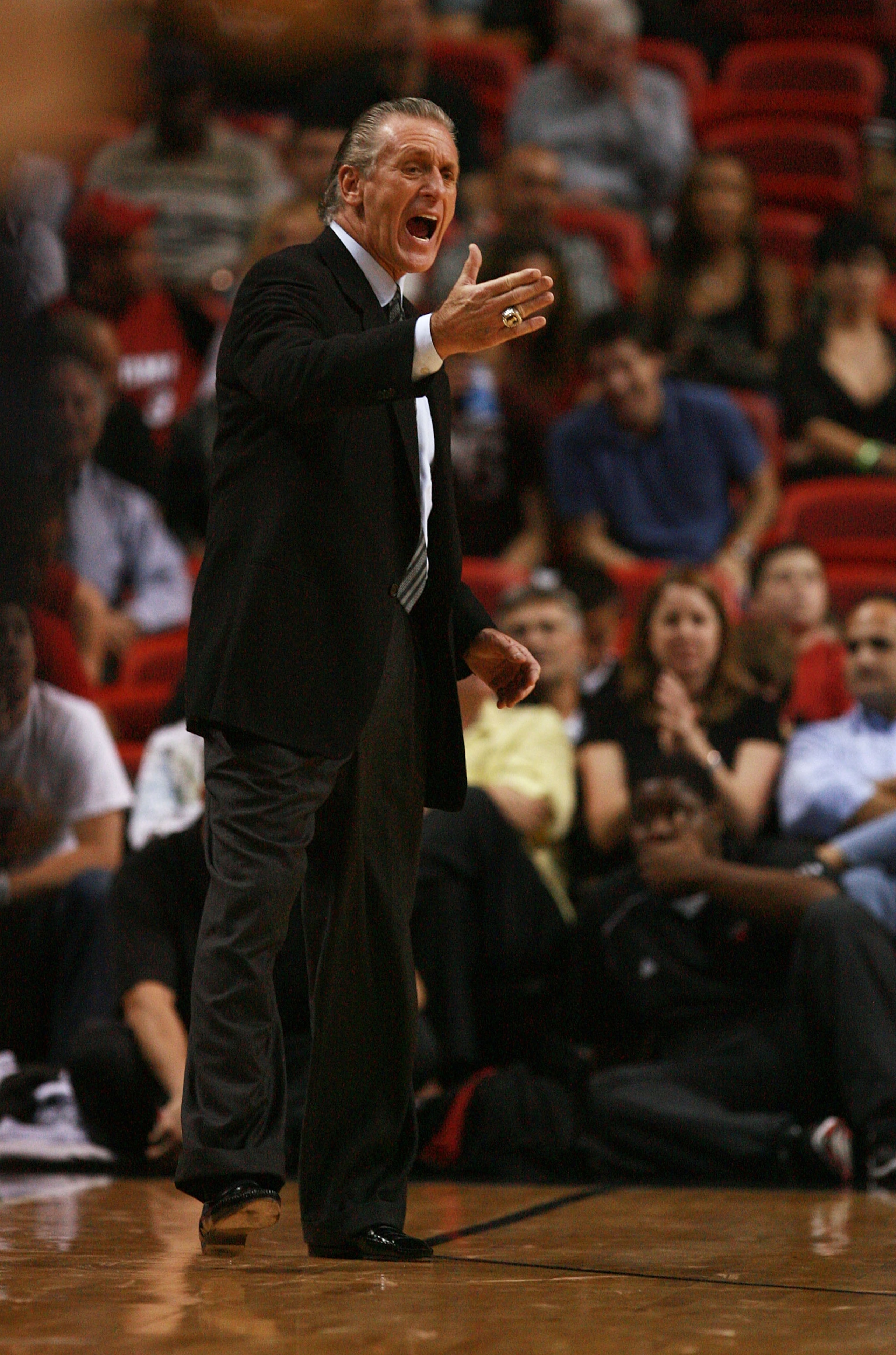 MIAMI - MARCH 05:  Head coach Pat Riley of the Miami Heat yells out to his team while taking on the Toronto Raptors at American Airlines Arena on March 5,  2008 in Miami, Florida.  NOTE TO USER: User expressly acknowledges and agrees that, by downloading