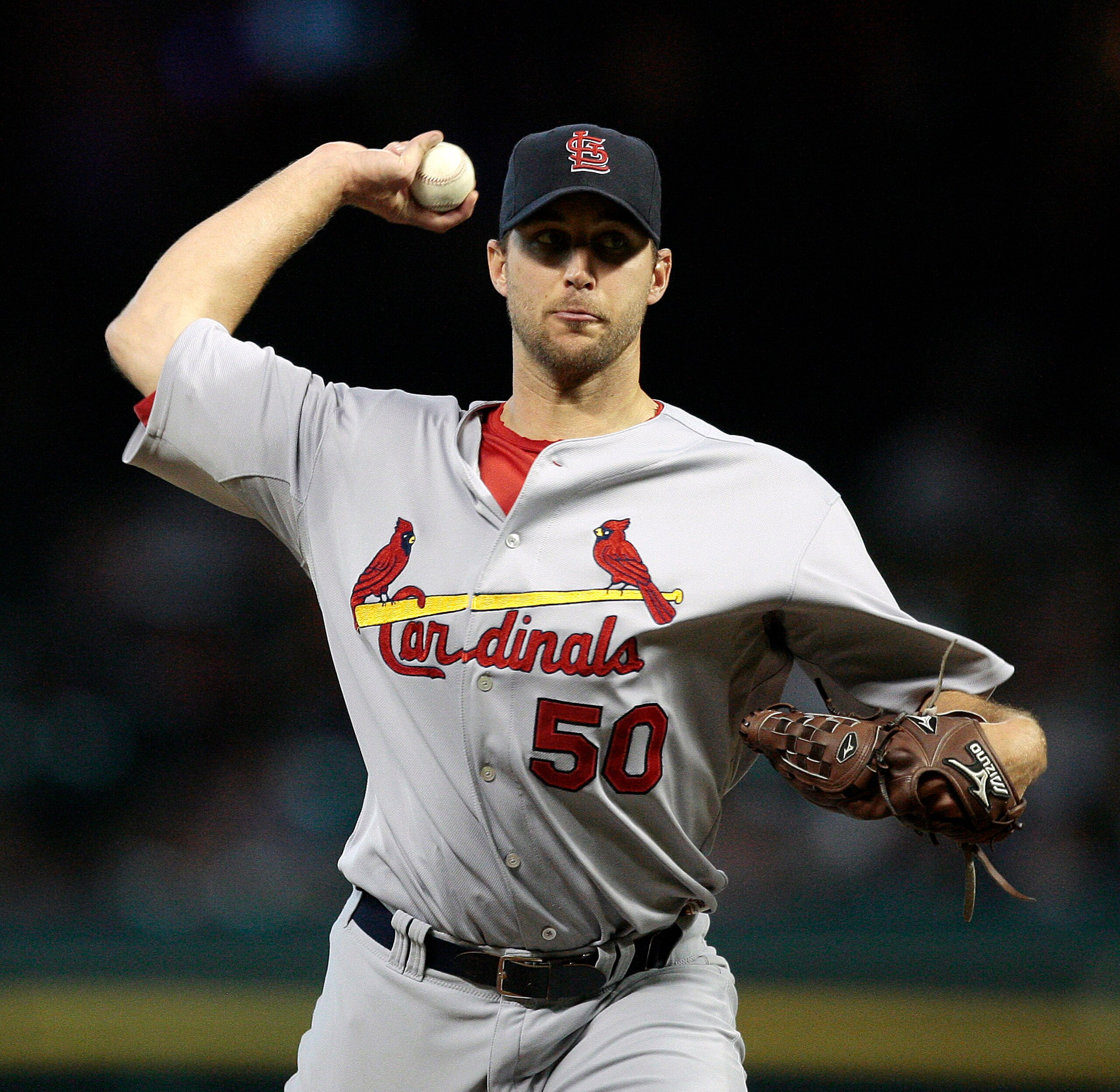 HOUSTON - JULY 09:  Pitcher Adam Wainwright #50 of the St. Louis Cardinals throws in the first inning against the Houston Astros at Minute Maid Park on July 9, 2010 in Houston, Texas.  (Photo by Bob Levey/Getty Images)