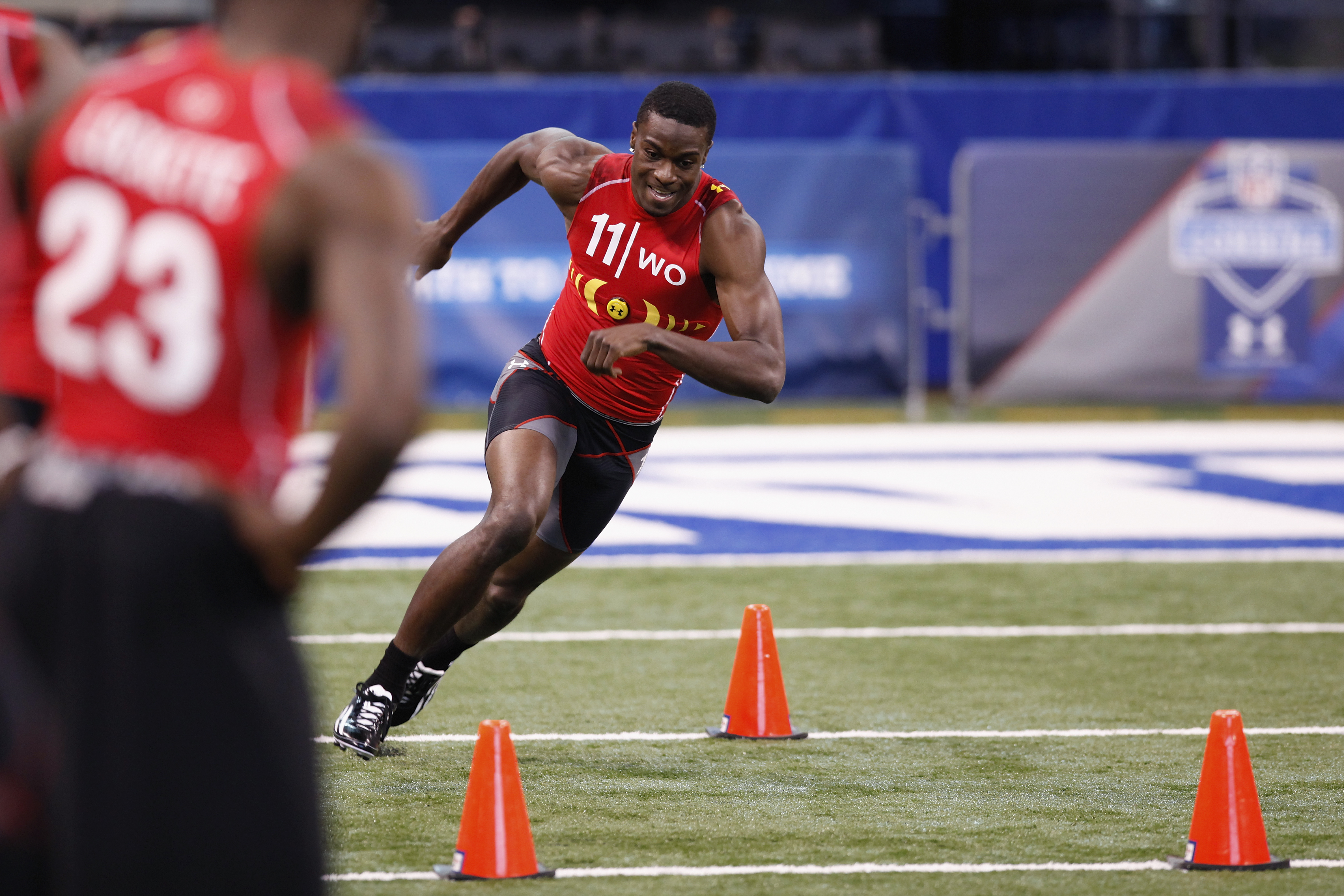 INDIANAPOLIS, IN - FEBRUARY 27: Wide receiver A.J. Green of Georgia runs through a drill during the 2011 NFL Scouting Combine at Lucas Oil Stadium on February 27, 2011 in Indianapolis, Indiana. (Photo by Joe Robbins/Getty Images)