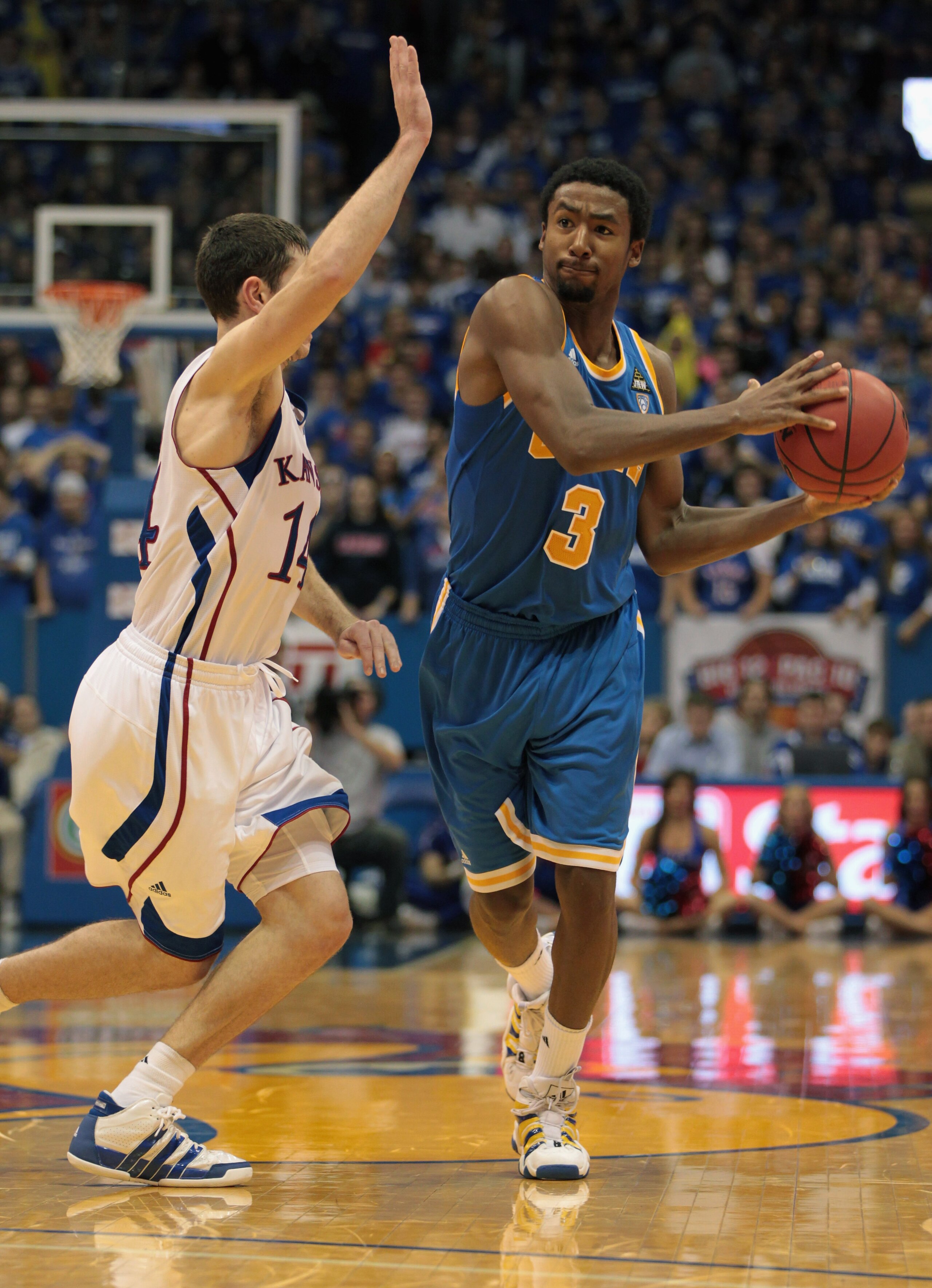 LAWRENCE, KS - DECEMBER 02:  Malcolm Lee #3 of the UCLA Bruins in action during the game against the Kansas Jayhawks on December 2, 2010 at Allen Fieldhouse in Lawrence, Kansas.  (Photo by Jamie Squire/Getty Images)