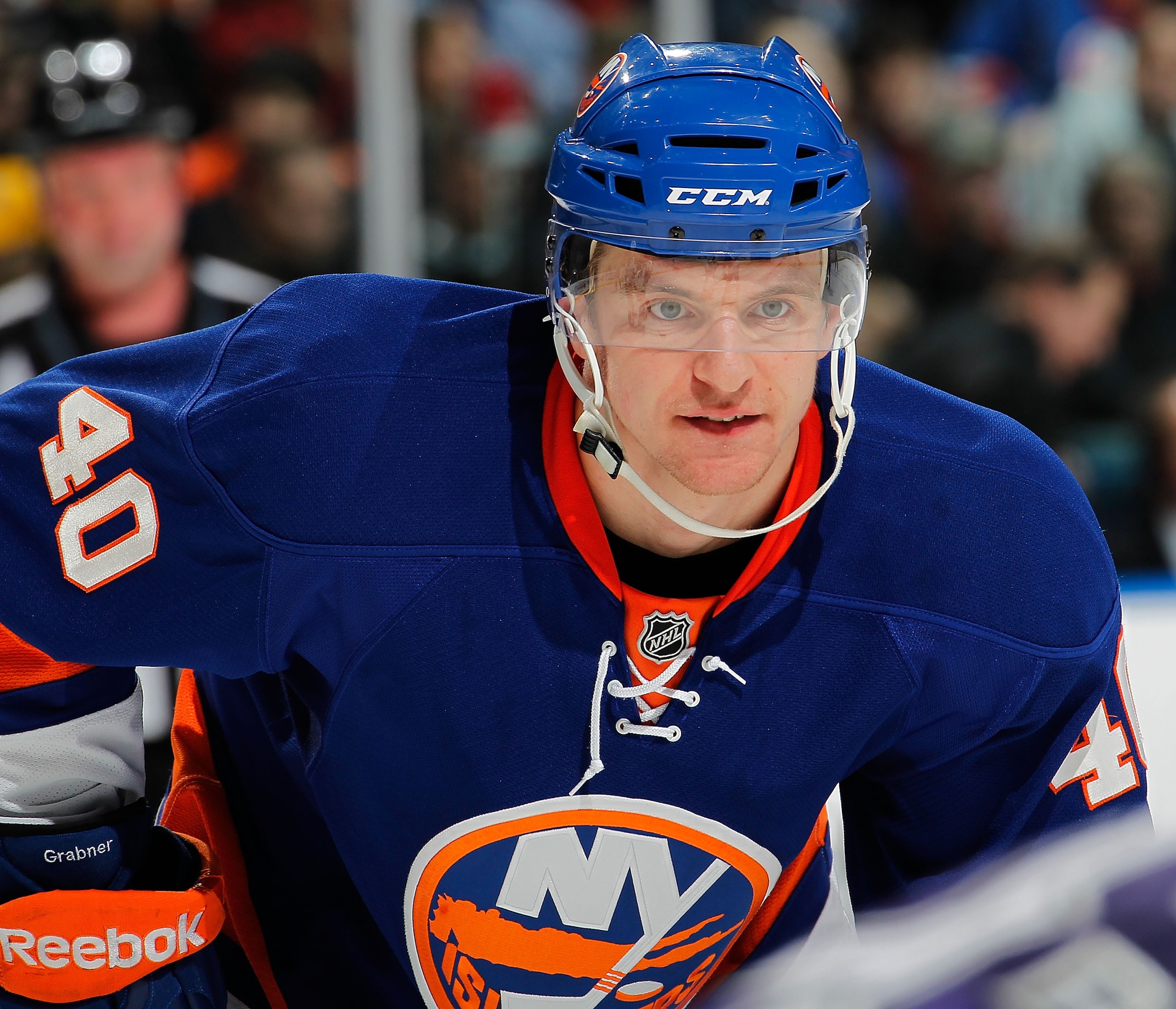 UNIONDALE, NY - FEBRUARY 19:  Michael Grabner #40 of the New York Islanders waits for a faceoff during an NHL hockey game against the Los Angeles Kings at the Nassau Coliseum on February 19, 2011 in Uniondale, New York.  (Photo by Paul Bereswill/Getty Ima