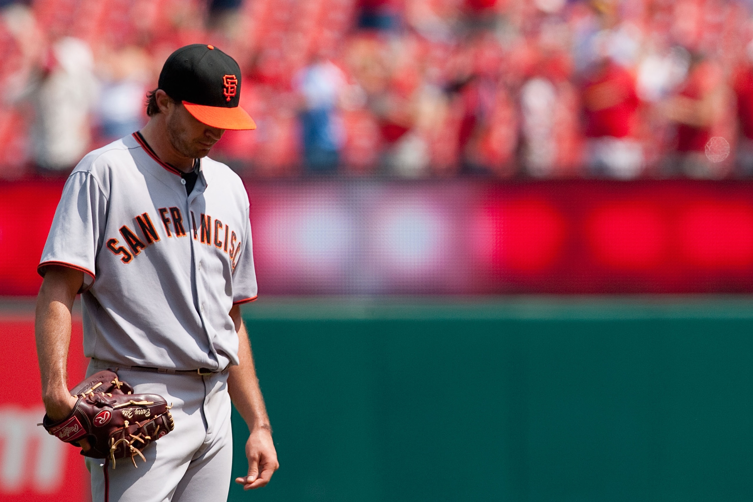 ST. LOUIS - AUGUST 22: Starter Barry Zito #75 of the San Francisco Giants reacts to giving up a home run against the St. Louis Cardinals at Busch Stadium on August 22, 2010 in St. Louis, Missouri.  (Photo by Dilip Vishwanat/Getty Images)