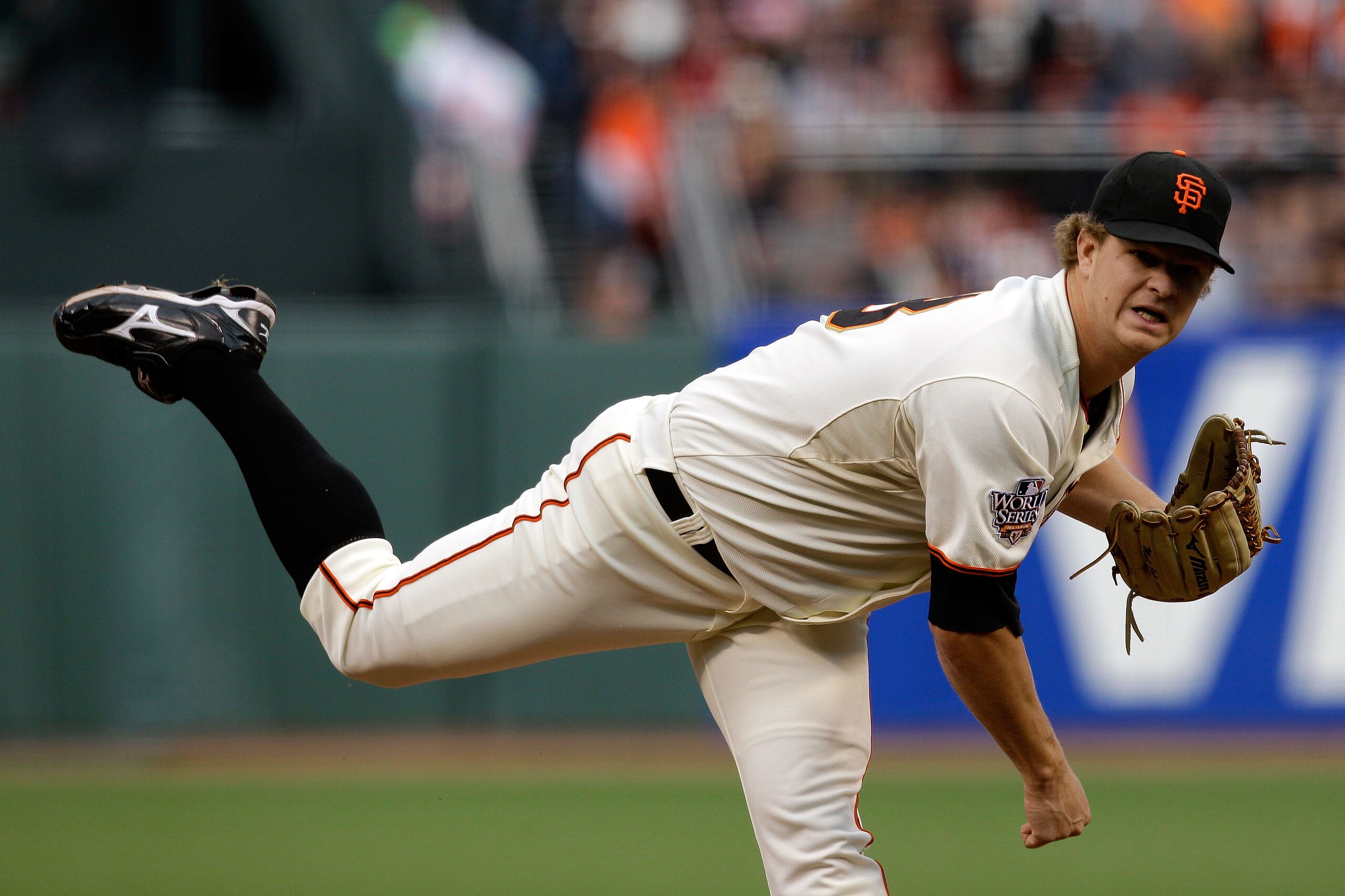 SAN FRANCISCO - OCTOBER 28:  Starting pitcher Matt Cain #18 of the San Francisco Giants pitches in the first inning against the Texas Rangers in Game Two of the 2010 MLB World Series at AT&T Park on October 28, 2010 in San Francisco, California.  (Photo b