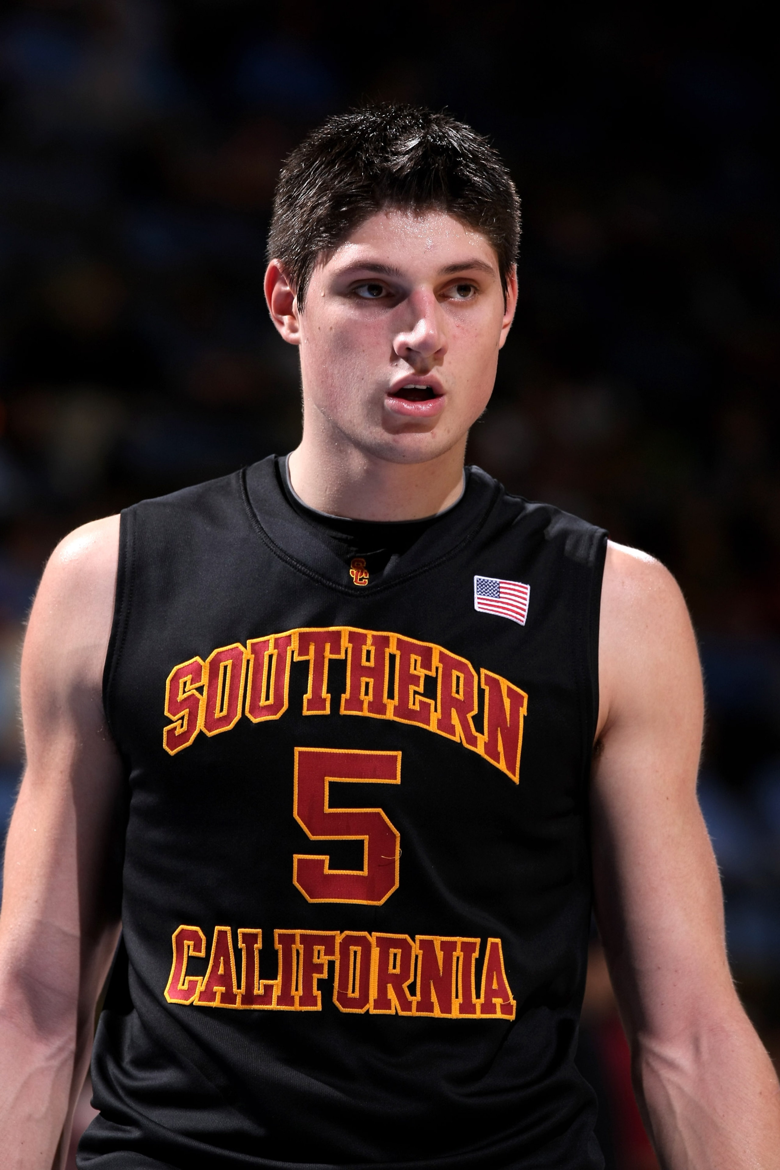 WESTWOOD, CA - JANUARY 16:  Nikola Vucevic #5 of the USC Trojans on the court in the game against the UCLA Bruins on January 16, 2010 at Pauley Pavillion in Westwood, California.  USC won 67-46.  (Photo by Stephen Dunn/Getty Images)