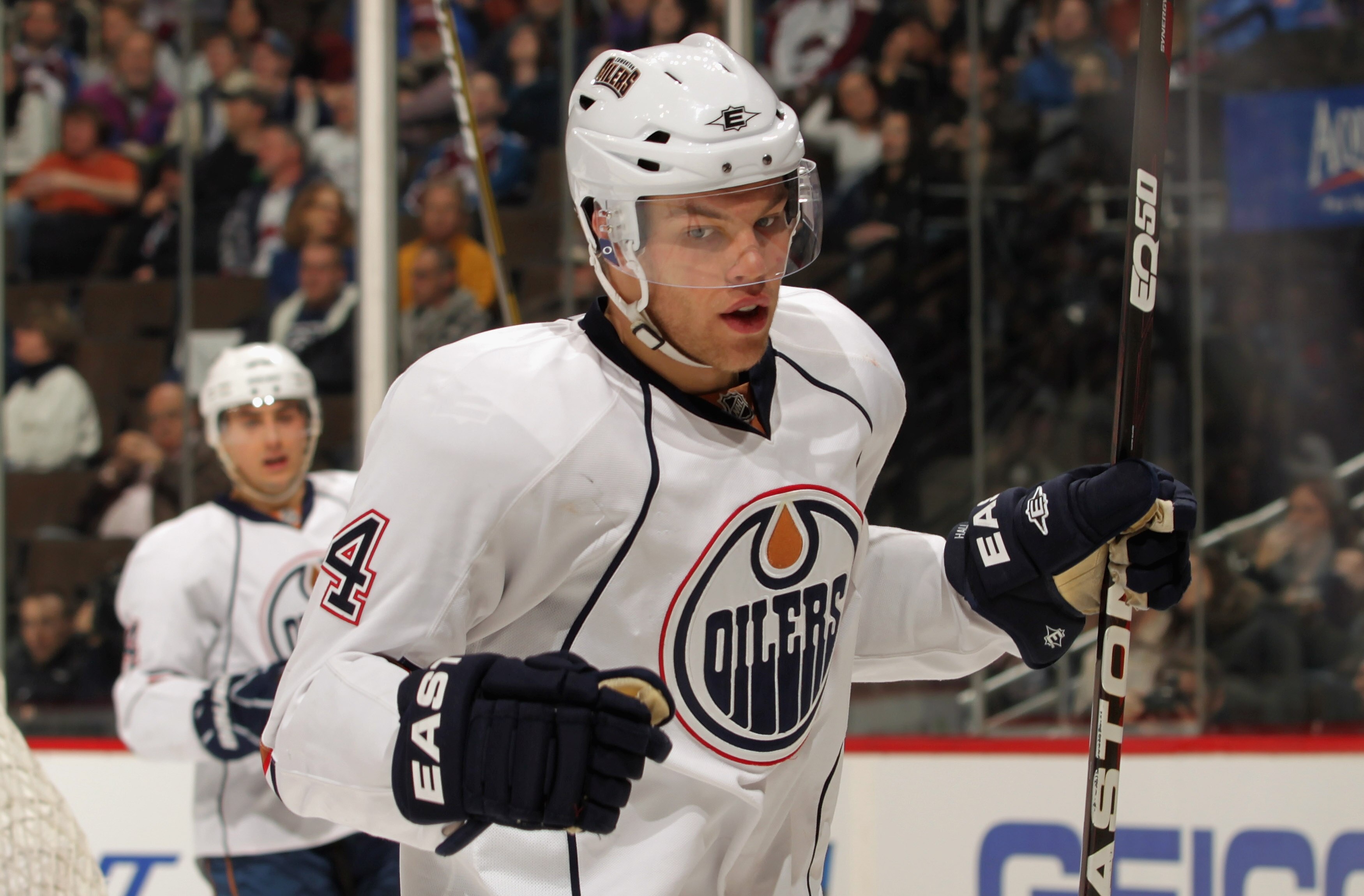 DENVER, CO - FEBRUARY 23:  Taylor Hall #4 of the Edmonton Oilers celebrates his second period goal against the Colorado Avalanche at the Pepsi Center on February 23, 2011 in Denver, Colorado.  (Photo by Doug Pensinger/Getty Images)