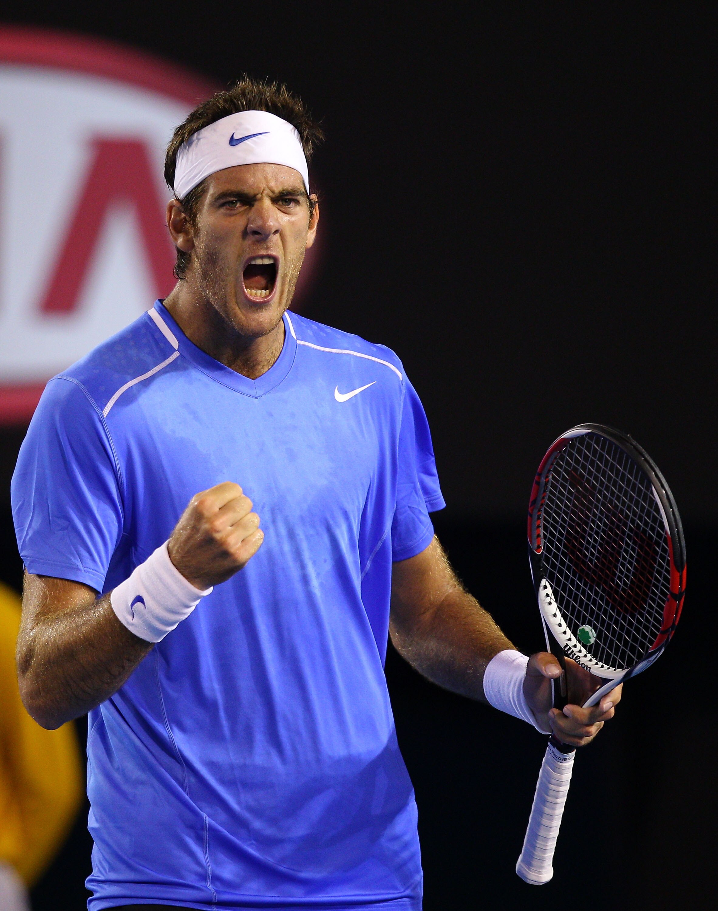 MELBOURNE, AUSTRALIA - JANUARY 20:  Juan Martin Del Potro of Argentina celebrates in his second round match against Marcos Baghdatis of Cyprus during day four of the 2011 Australian Open at Melbourne Park on January 20, 2011 in Melbourne, Australia.  (Pho
