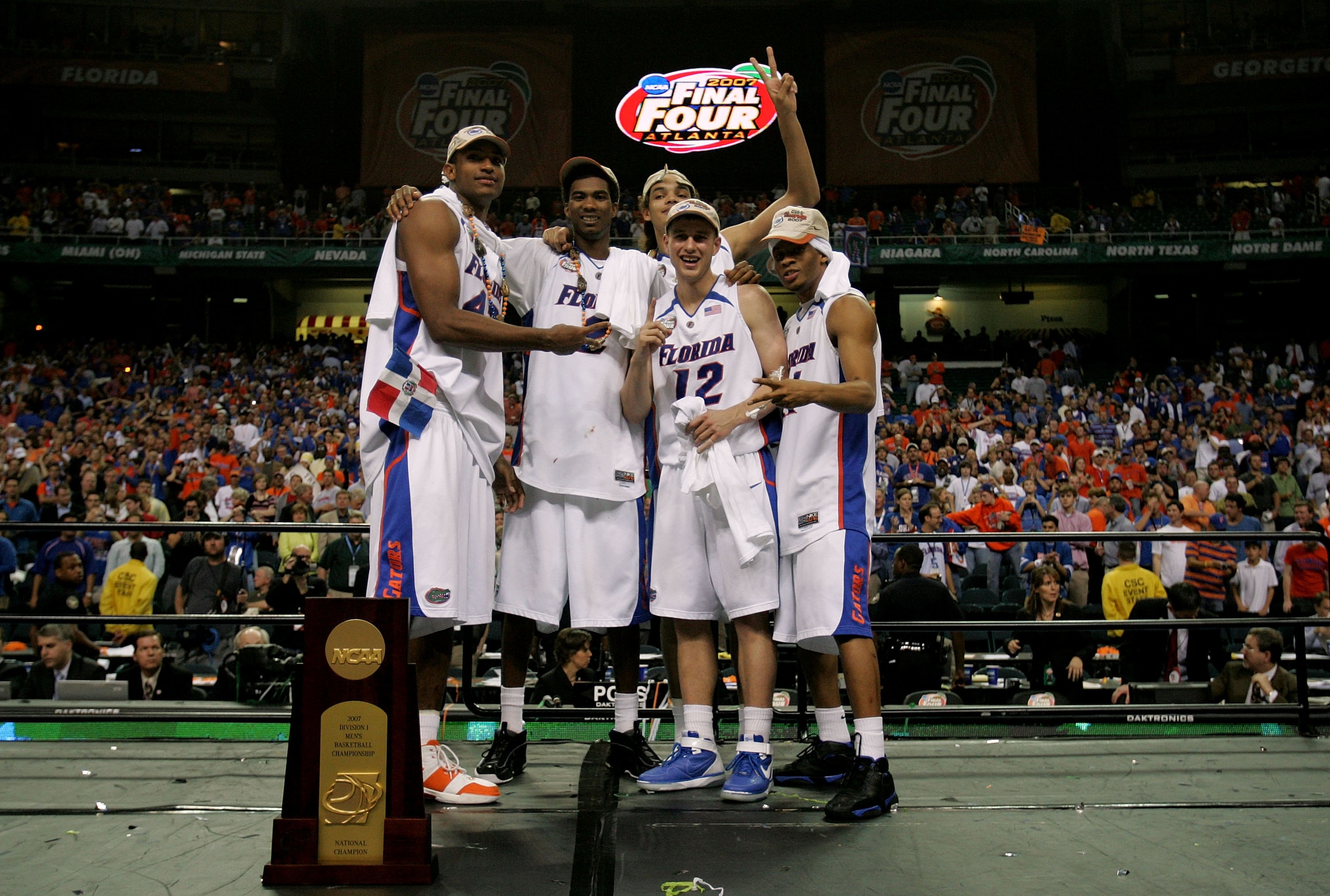 ATLANTA - APRIL 02:  Al Horford #42, Taurean Green #11, Joakim Noah #13, Lee Humphrey #12 and Corey Brewer #2 of the Florida Gators celerate after defeating the Ohio State Buckeyes during the NCAA Men's Basketball Championship game at the Georgia Dome on