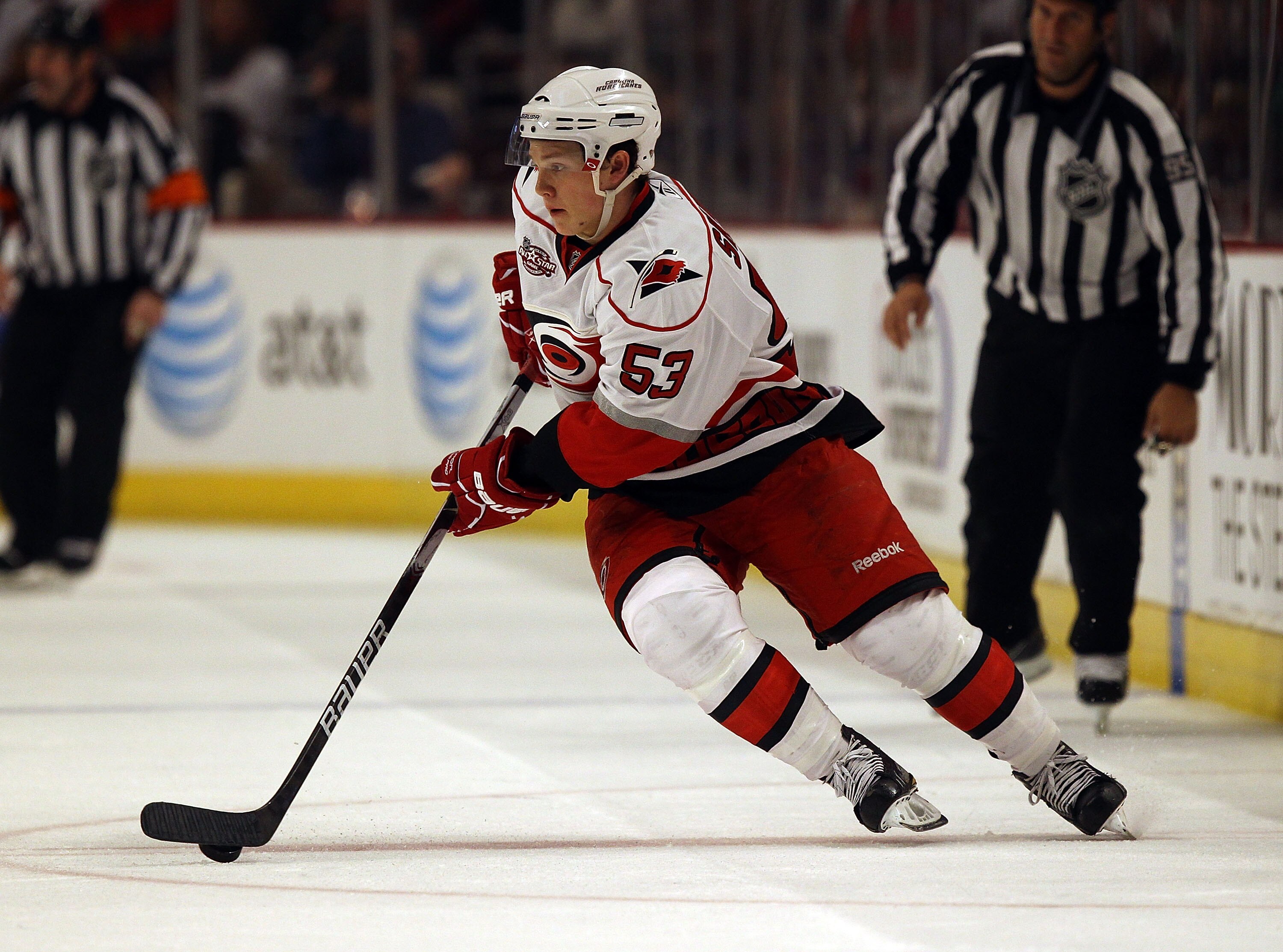 CHICAGO, IL - MARCH 04: Jeff Skinner #53 of the Carolina Hurricanes looks to pass the puck against the Chicago Blackhawks at the United Center on March 4, 2011 in Chicago, Illinois. The Blackhawks defeated the Hurricanes 5-2. (Photo by Jonathan Daniel/Get