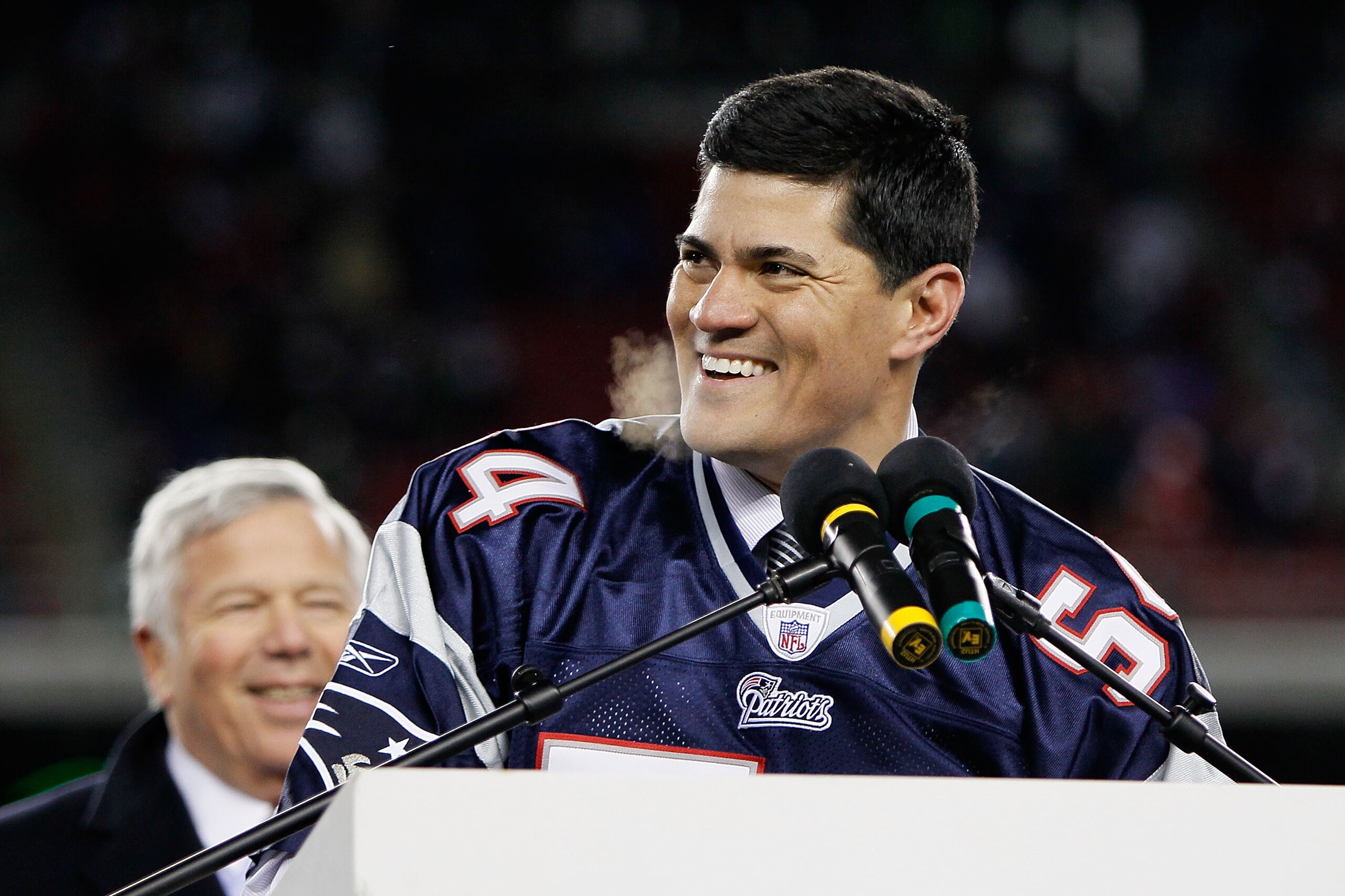 FOXBORO, MA - DECEMBER 06:  Former New England Patriots Tedy Bruschi reacts during a halftime ceremony honoring his playing career as the Patriots host the New York Jets at Gillette Stadium on December 6, 2010 in Foxboro, Massachusetts.  (Photo by Jim Rog