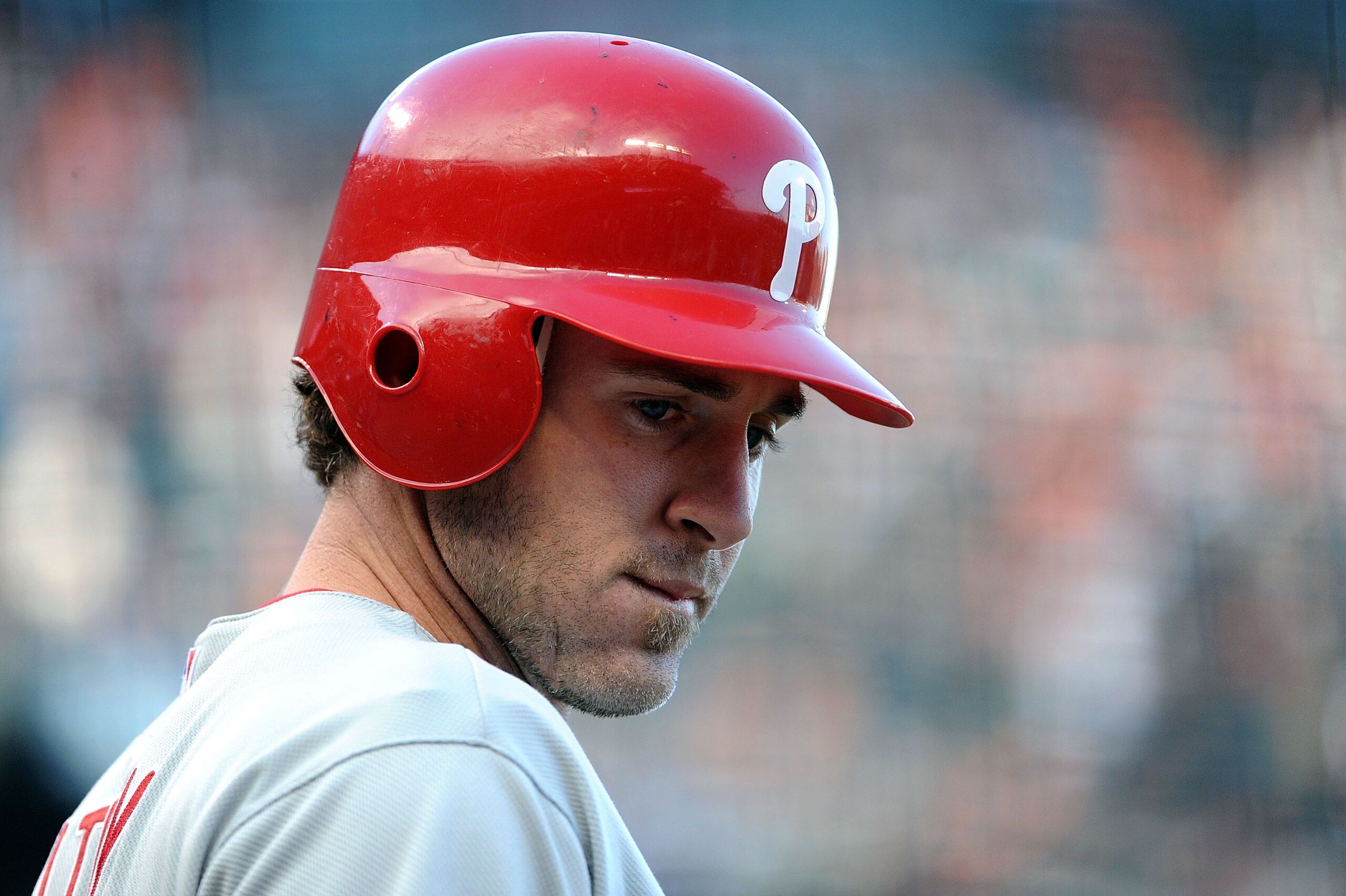SAN FRANCISCO - OCTOBER 20:  Chase Utley #26 of the Philadelphia Phillies looks on against the San Francisco Giants in Game Four of the NLCS during the 2010 MLB Playoffs at AT&T Park on October 20, 2010 in San Francisco, California.  (Photo by Harry How/G