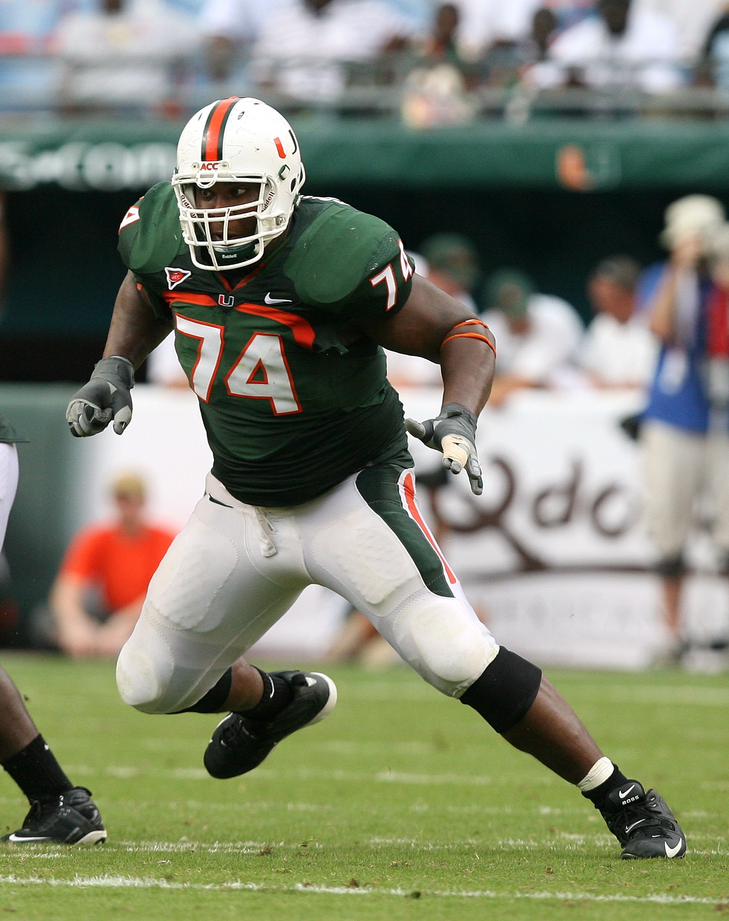 MIAMI - OCTOBER 25:  Offensive lineman Orlando Franklin #74 of the Miami Hurricanes drops back to block while taking on the Wake Forest Demon Decons at Dolphin Stadium on October 25, 2008 in Miami, Florida. Miami defeated Wake Forest 16-10.  (Photo by Dou