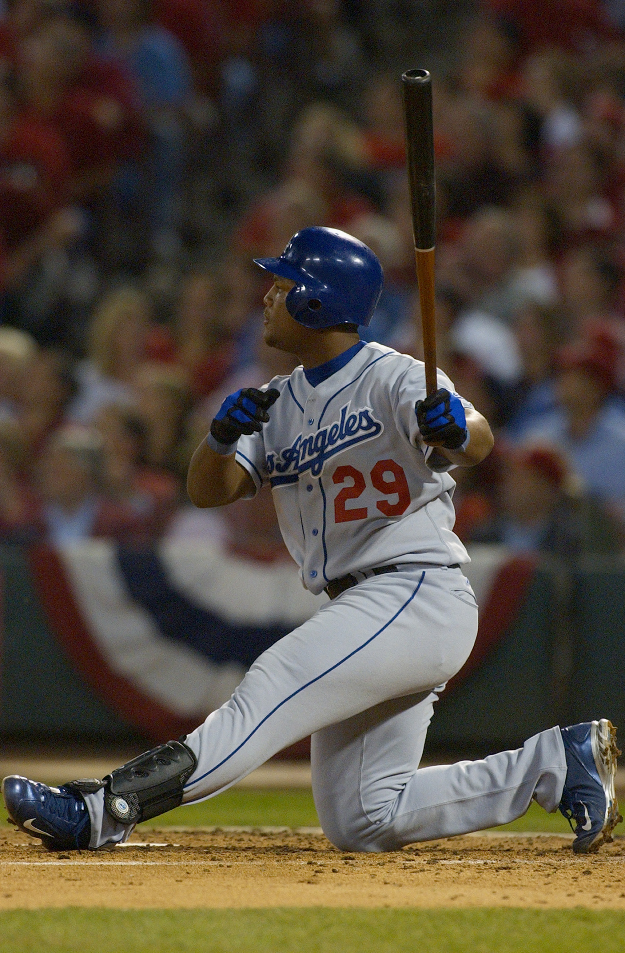 ST LOUIS, MO - OCTOBER 7:  Third baseman Adrian Beltre #29 of the Los Angeles Dodgers swings at a St. Louis Cardinals pitch in game two of National League Division Series during the 2004 Major League Baseball Playoffs on October 7, 2004 at Busch Stadium i