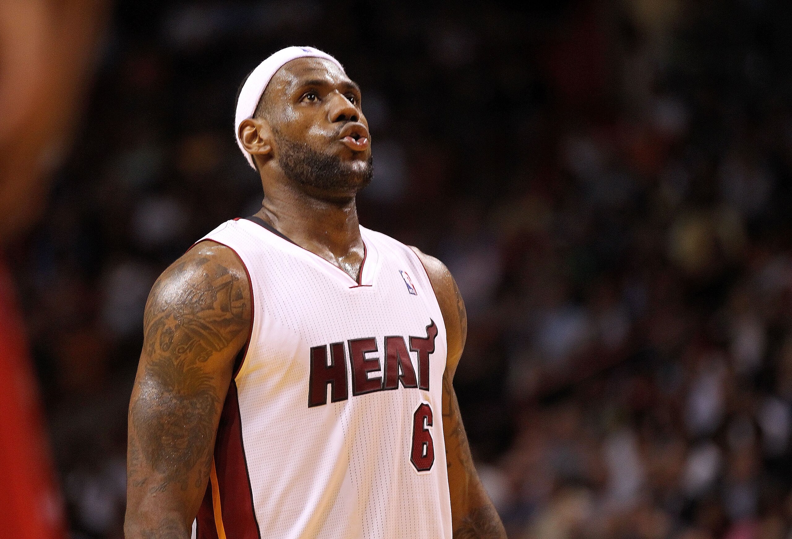 MIAMI, FL - MARCH 08: LeBron James #6 of the Miami Heat shoots a free throw during a game against the Portland Trail Blazers at American Airlines Arena on March 8, 2011 in Miami, Florida. NOTE TO USER: User expressly acknowledges and agrees that, by downl