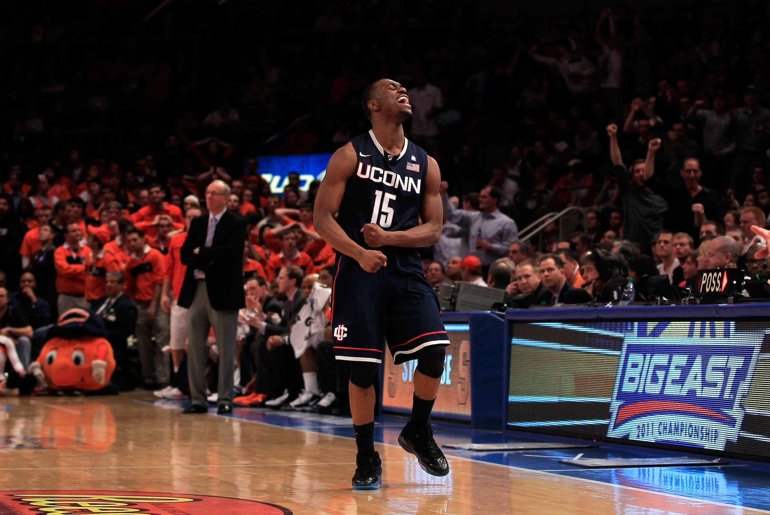NEW YORK, NY - MARCH 11: Kemba Walker #15 of the Connecticut Huskies celebrates after a play late in the second half against the Syracuse Orange during the semifinals of the 2011 Big East Men's Basketball Tournament presented by American Eagle Outfitters