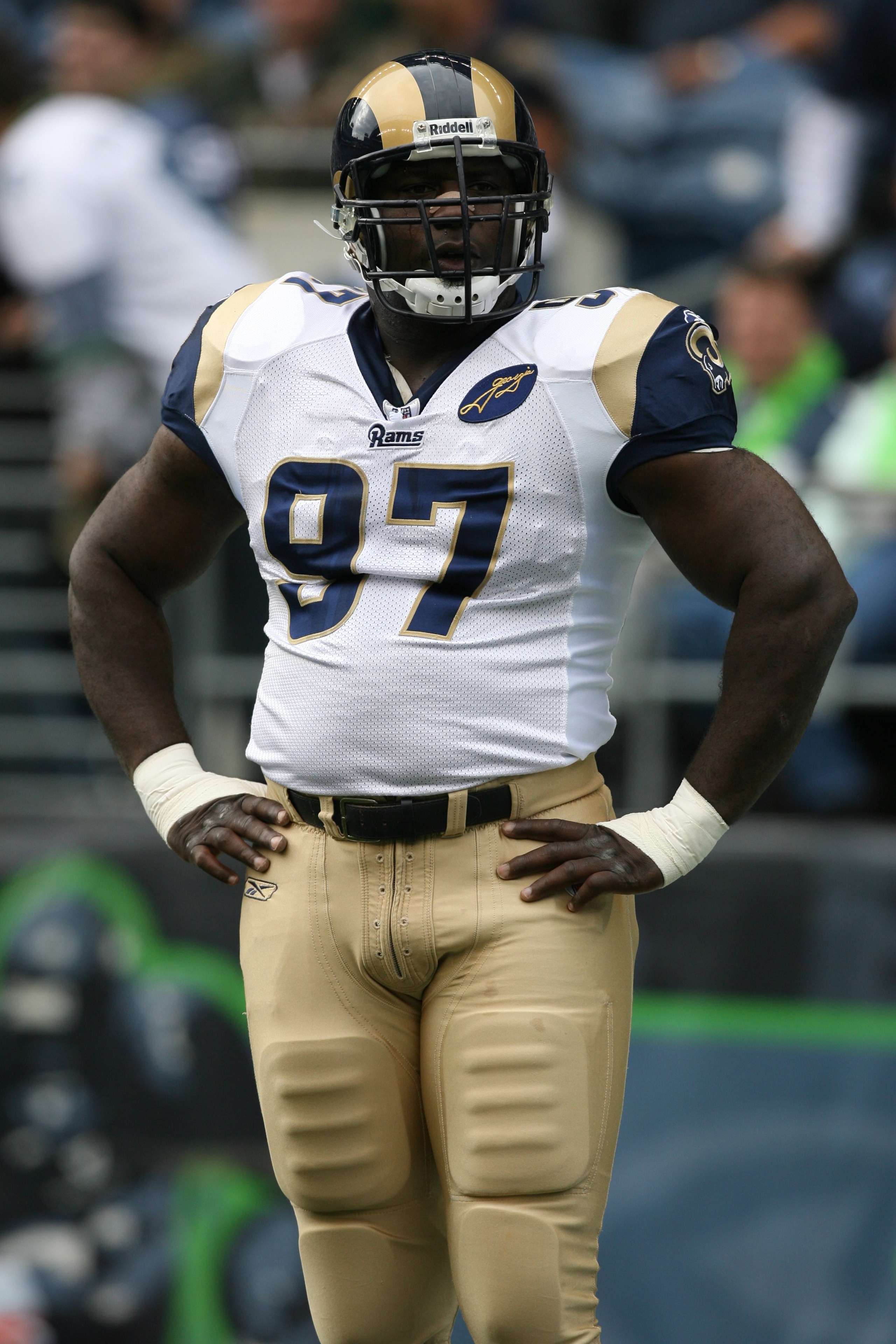 SEATTLE - SEPTEMBER 21:  La'Roi Glover #97 of the St. Louis Rams looks on before the game against the Seattle Seahawks on September 21, 2008 at Qwest Field in Seattle, Washington. (Photo by Otto Greule Jr/Getty Images)