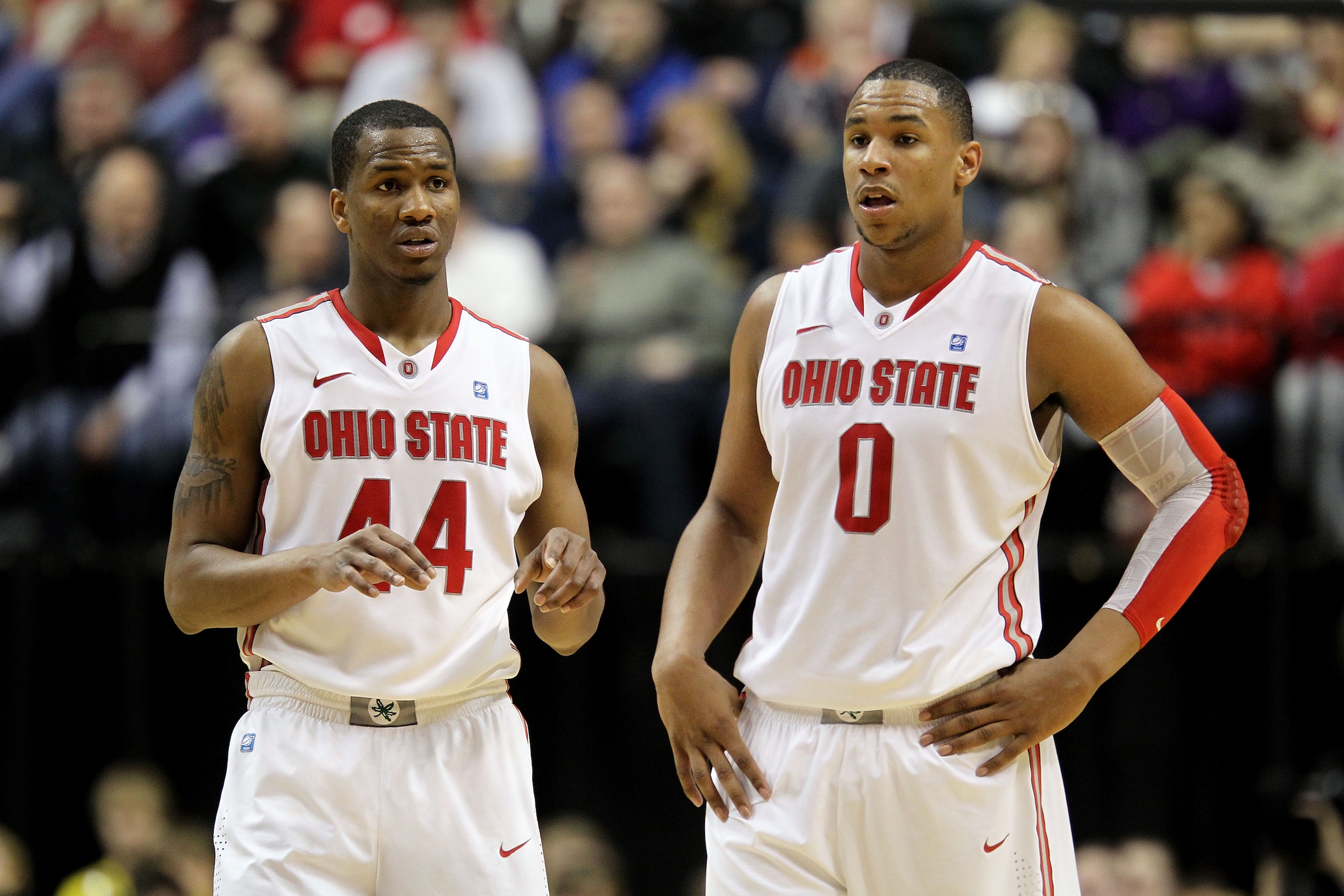 INDIANAPOLIS, IN - MARCH 12:  William Buford #44 and Jared Sullinger #0 of the Ohio State Buckeyes look on against the Michigan Wolverines during the semifinals of the 2011 Big Ten Men's Basketball Tournament at Conseco Fieldhouse on March 12, 2011 in Ind
