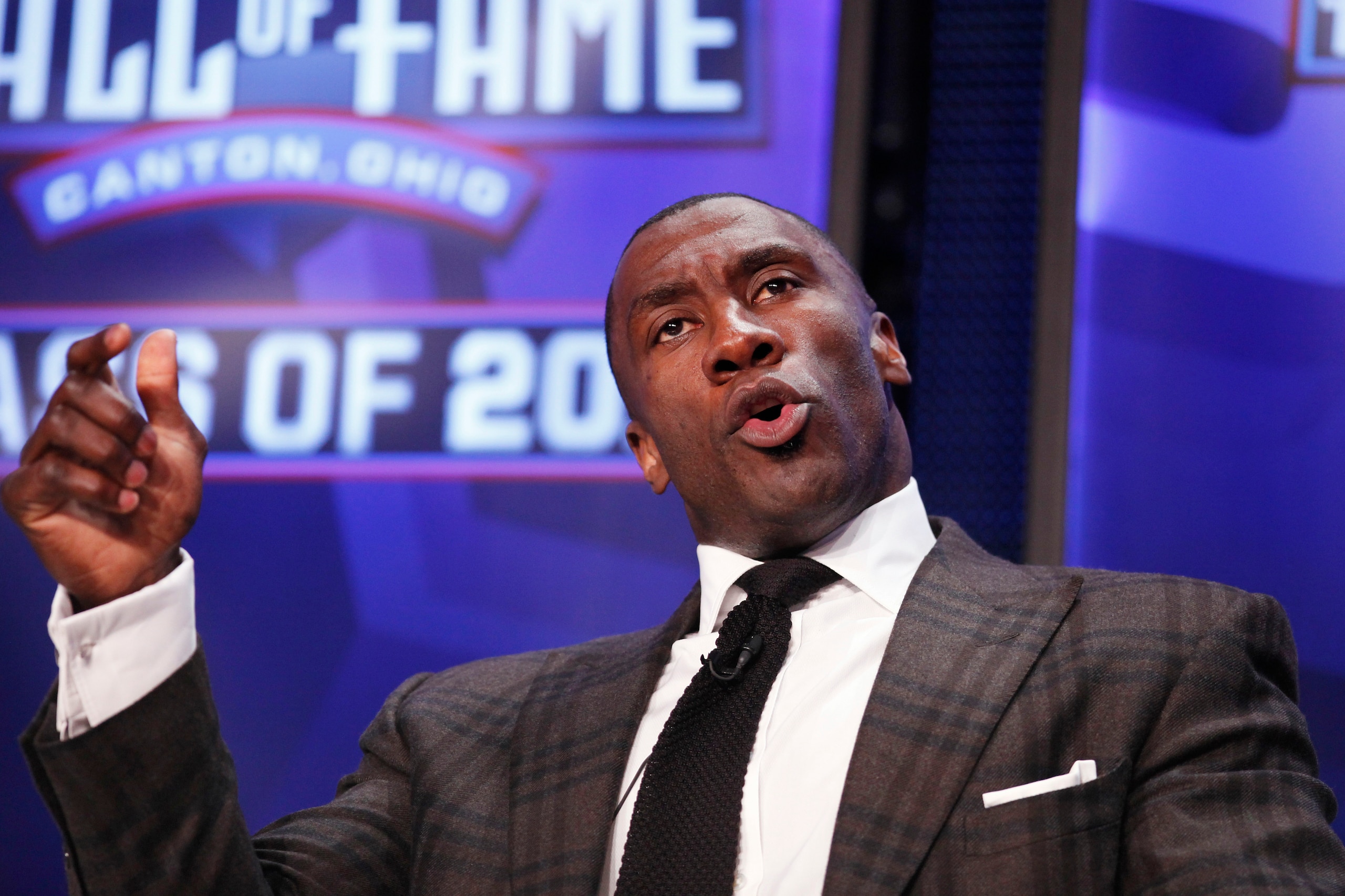 DALLAS, TX - FEBRUARY 5: Shannon Sharpe looks on after being inducted into the 2011 Pro Football Hall of Fame class during an announcement at the Super Bowl XLV media center on February 5, 2011 in Dallas, Texas. (Photo by Joe Robbins/Getty Images)