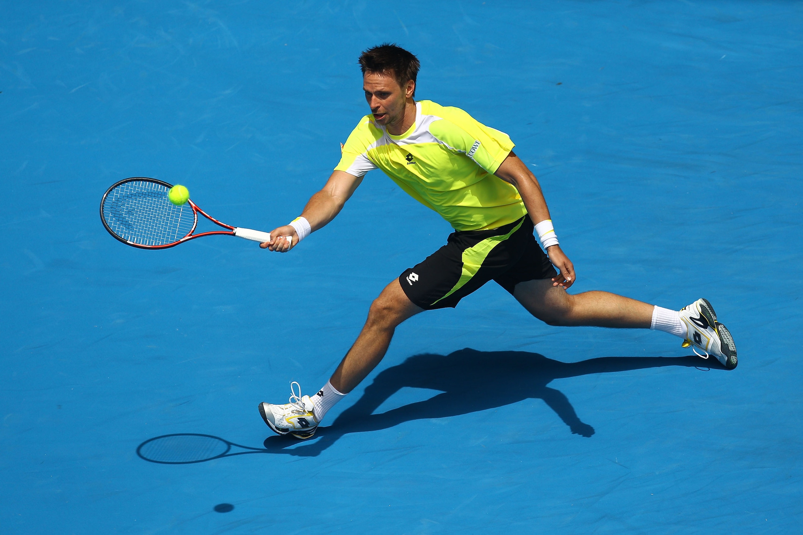 MELBOURNE, AUSTRALIA - JANUARY 24:  Robin Soderling of Sweden plays forehand in his fourth round match against Alexandr Dolgopolov of the Ukraine during day eight of the 2011 Australian Open at Melbourne Park on January 24, 2011 in Melbourne, Australia.