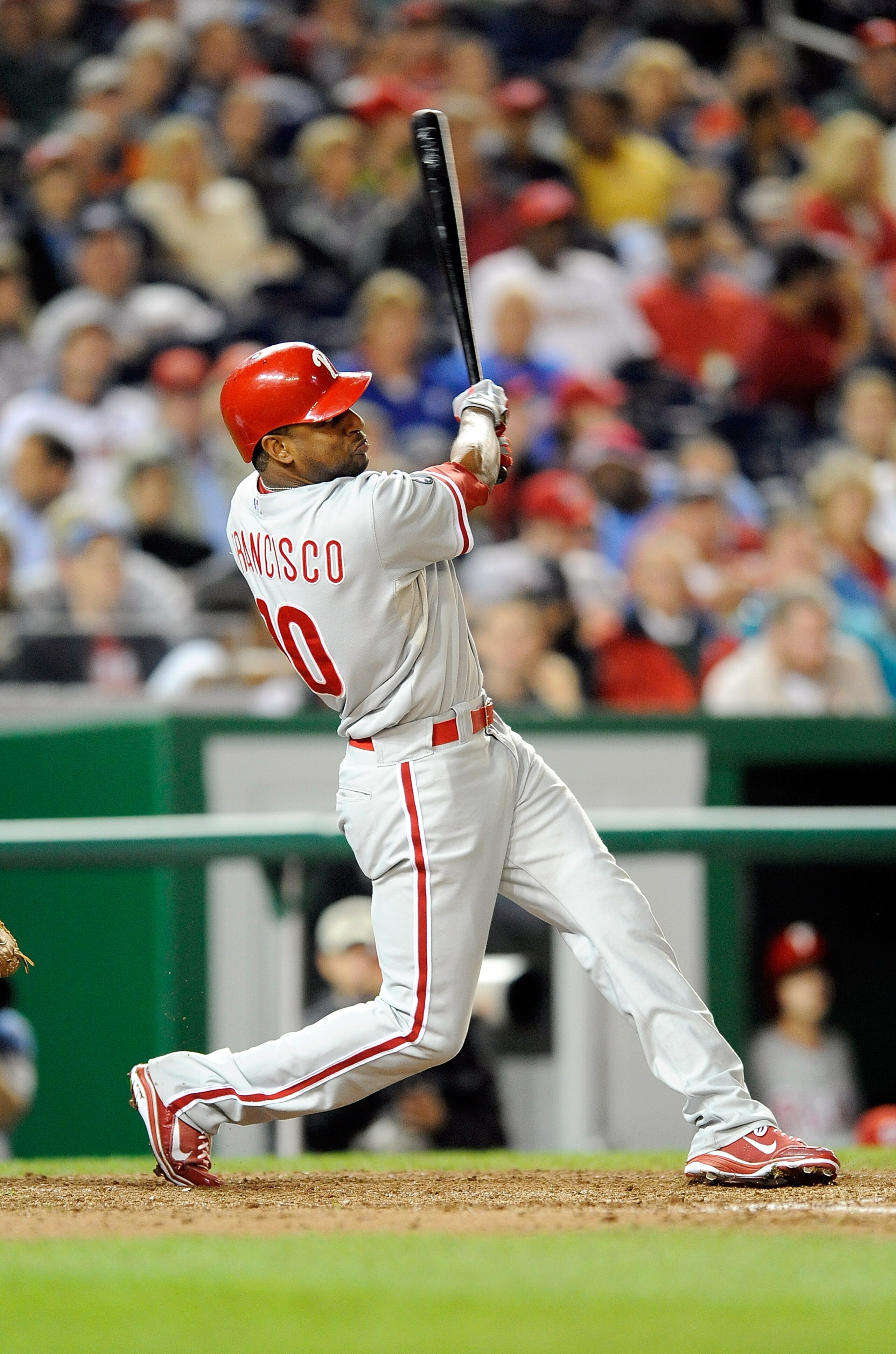 WASHINGTON - SEPTEMBER 29:  Ben Francisco #10 of the Philadelphia Phillies hits a home run in the fifth inning against the Washington Nationals at Nationals Park on September 29, 2010 in Washington, DC.  (Photo by Greg Fiume/Getty Images)