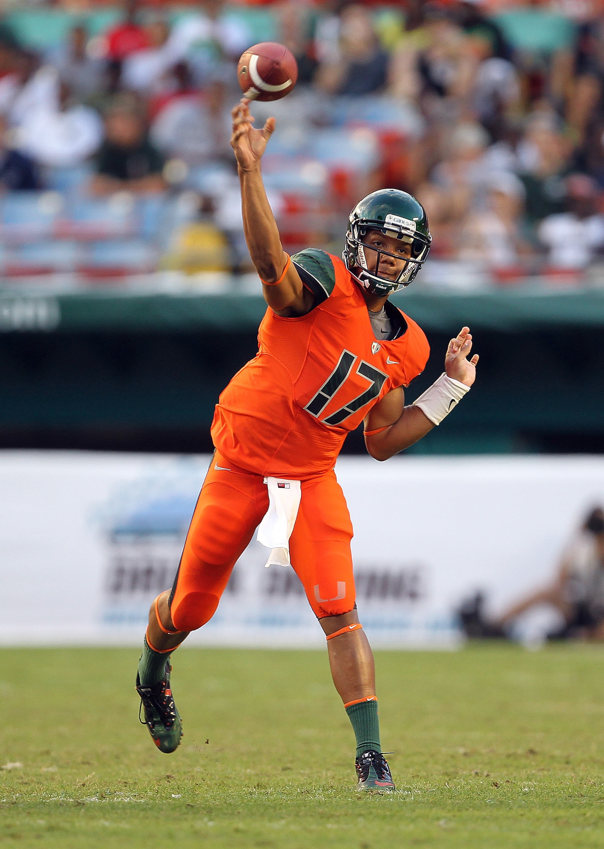 MIAMI - NOVEMBER 20: Stephen Morris #17 of the Miami Hurricanes passes during a game against the Virginia Tech Hokies at Sun Life Stadium on November 20, 2010 in Miami, Florida.  (Photo by Mike Ehrmann/Getty Images)