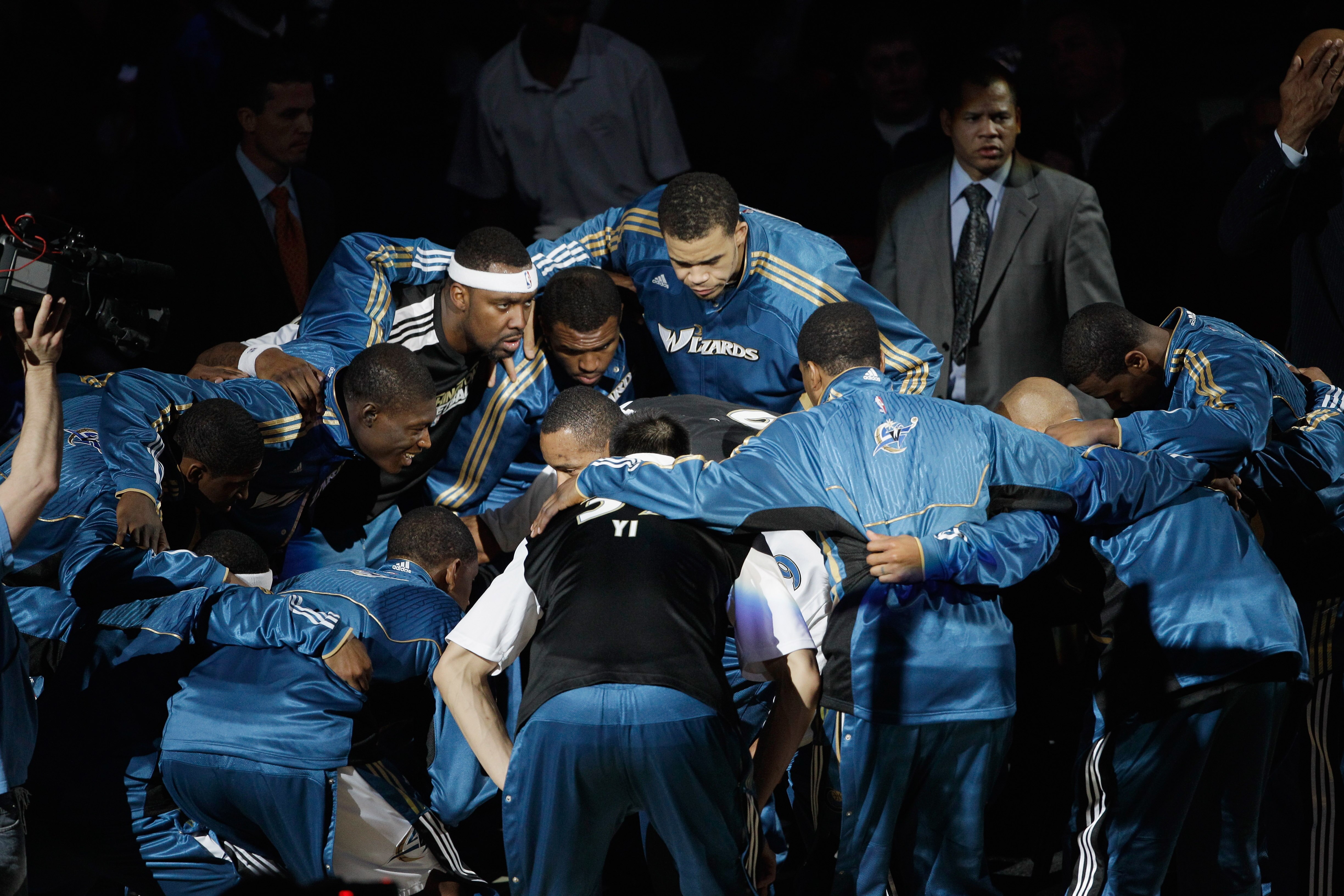 WASHINGTON, DC - MARCH 05:  Members of the Washington Wizards gather before their NBA game against the Minnesota Timberwolves at the Verizon Center on March 5, 2011 in Washington, DC. NOTE TO USER: User expressly acknowledges and agrees that, by downloadi