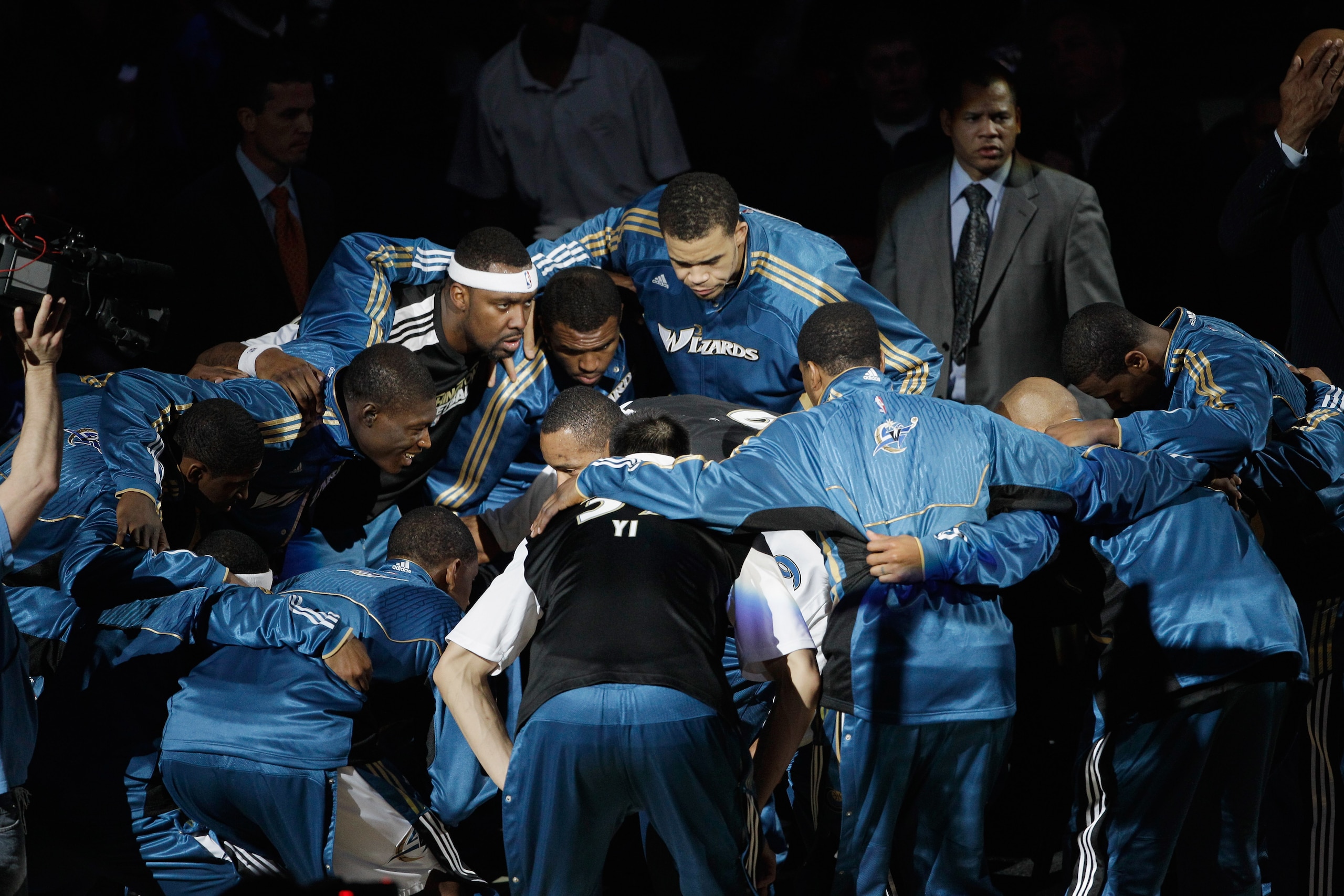 WASHINGTON, DC - MARCH 05:  Members of the Washington Wizards gather before their NBA game against the Minnesota Timberwolves at the Verizon Center on March 5, 2011 in Washington, DC. NOTE TO USER: User expressly acknowledges and agrees that, by downloadi