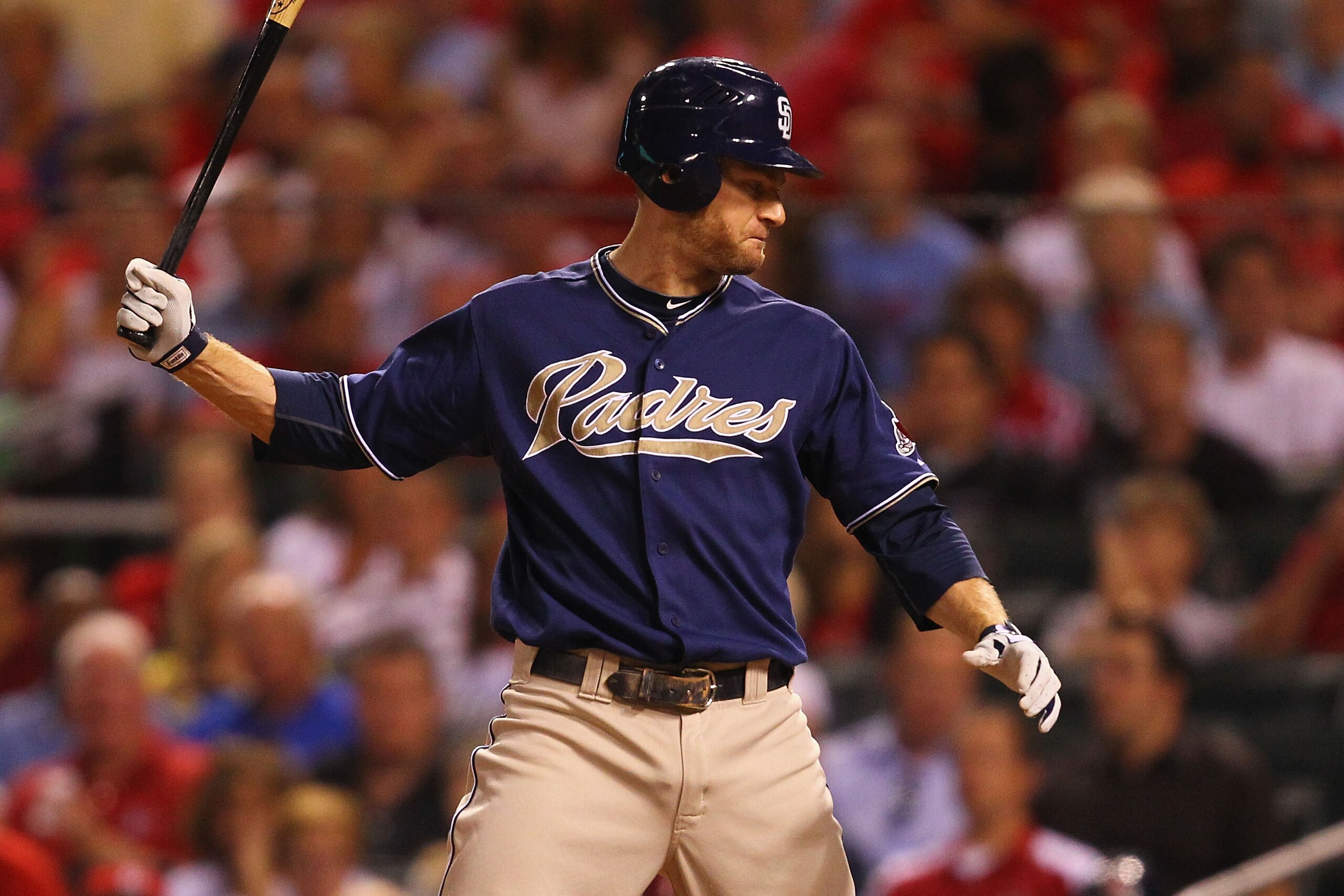 ST. LOUIS - SEPTEMBER 17: Chase Headley #7 of the San Diego Padres reacts to striking out against the St. Louis Cardinals at Busch Stadium on September 17, 2010 in St. Louis, Missouri.  (Photo by Dilip Vishwanat/Getty Images)