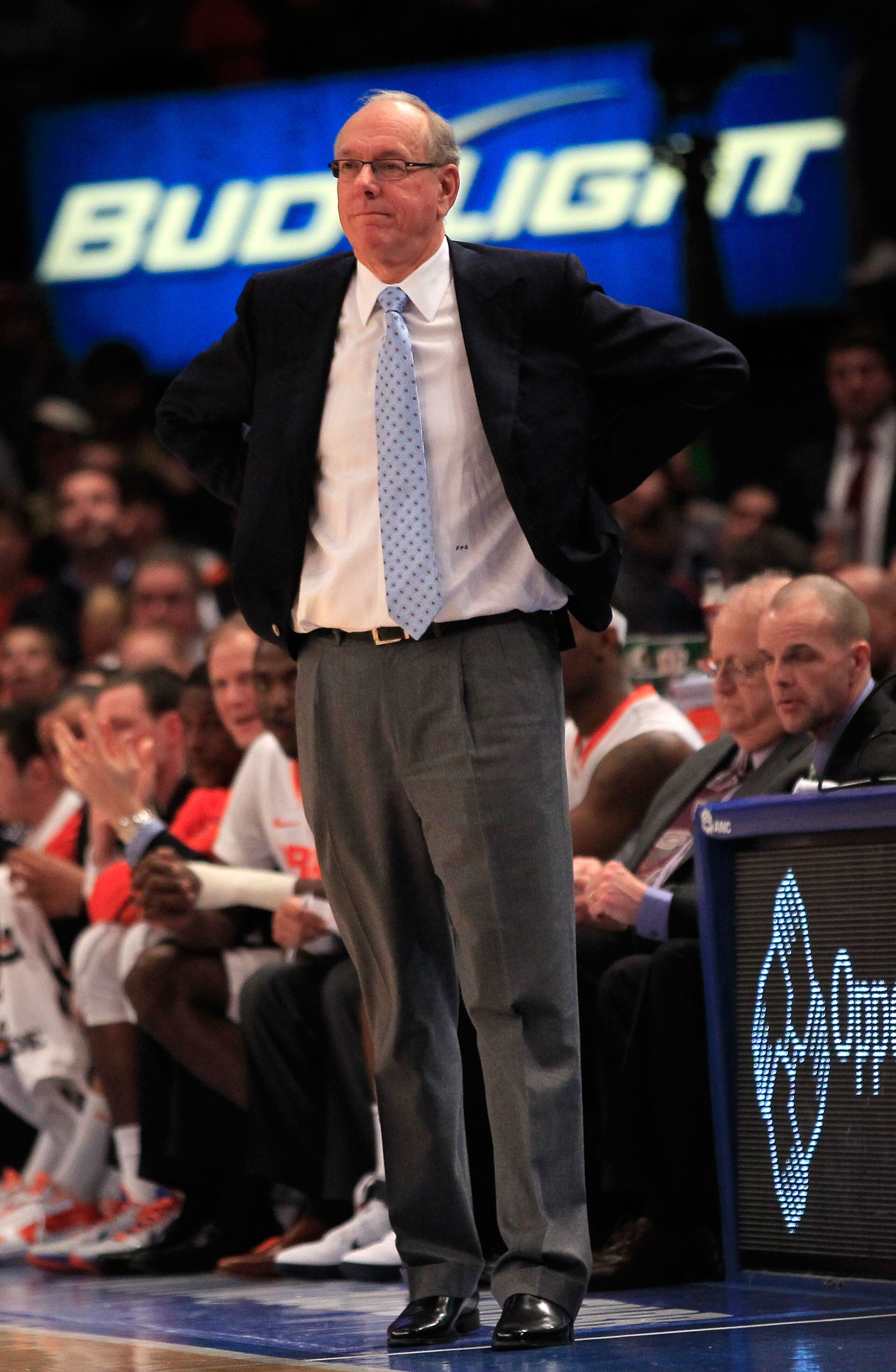 NEW YORK, NY - MARCH 10: Head coach Jim Boeheim of the Syracuse Orange looks on from the bench against the St. John's Red Storm during the quarterfinals of the 2011 Big East Men's Basketball Tournament presented by American Eagle Outfitters  at Madison Sq
