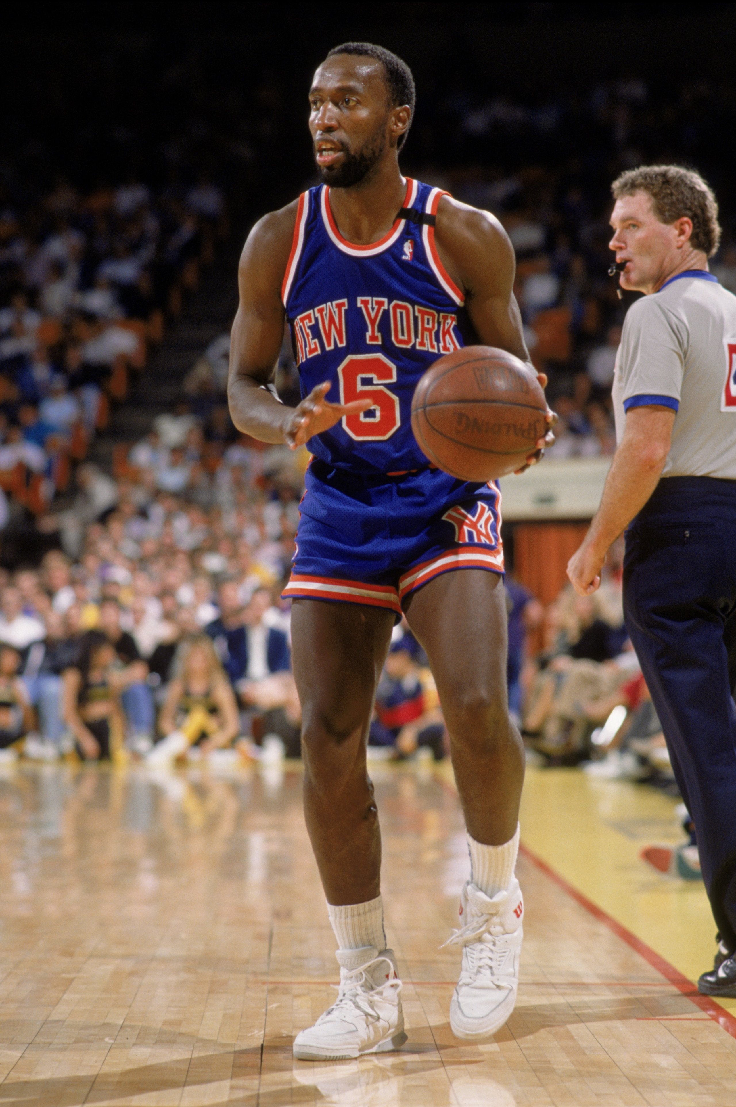 LOS ANGELES - 1989:  Trent Tucker #6 of the New York Knicks holds the ball during an NBA game against the Los Angeles Lakers at the Great Western Forum in Los Angeles, California in 1989.  (Photo by: Mike Powell/Getty Images)